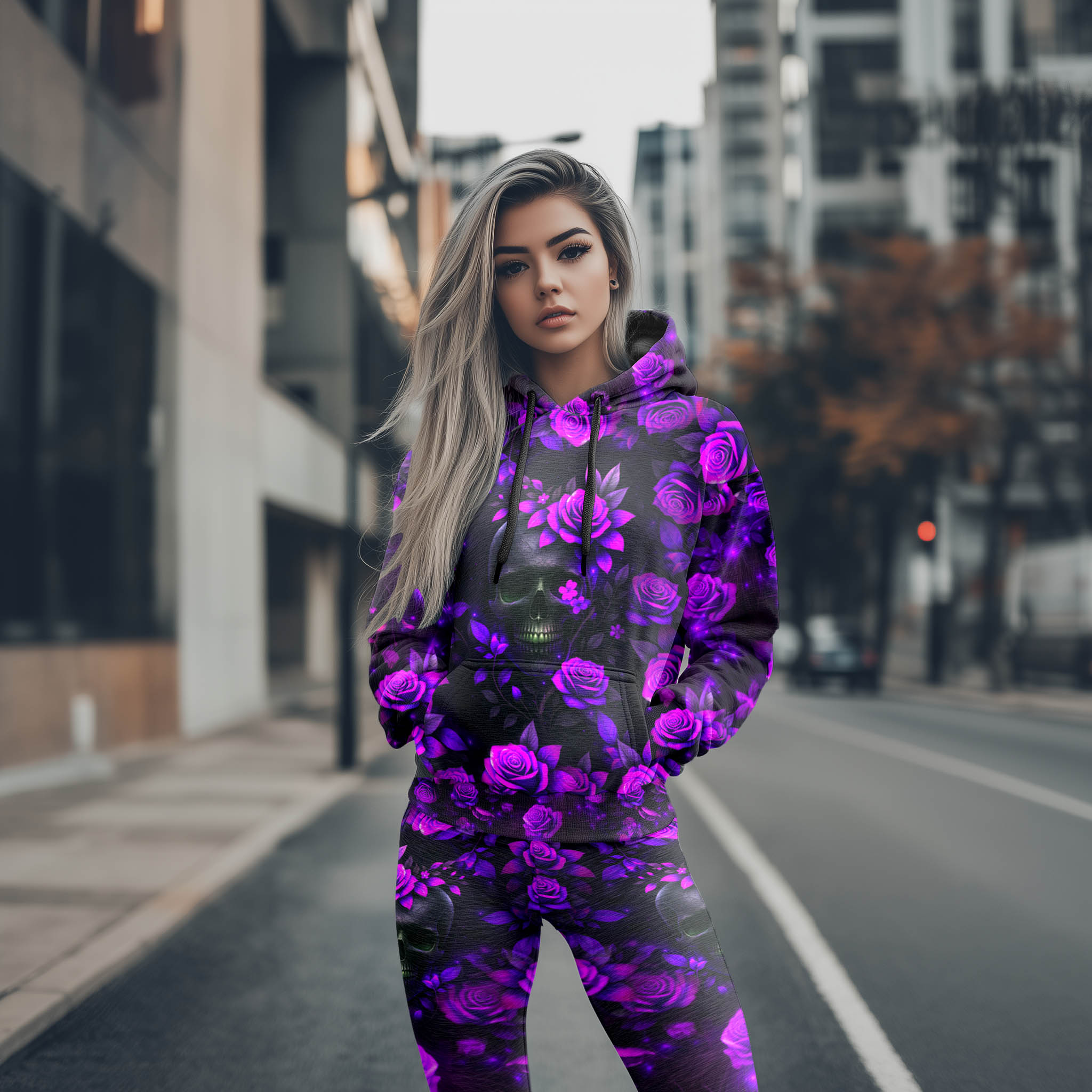 Women Hoodie and Leggings, Violet Skull Midnight Blossom Outwear Pants Outfit