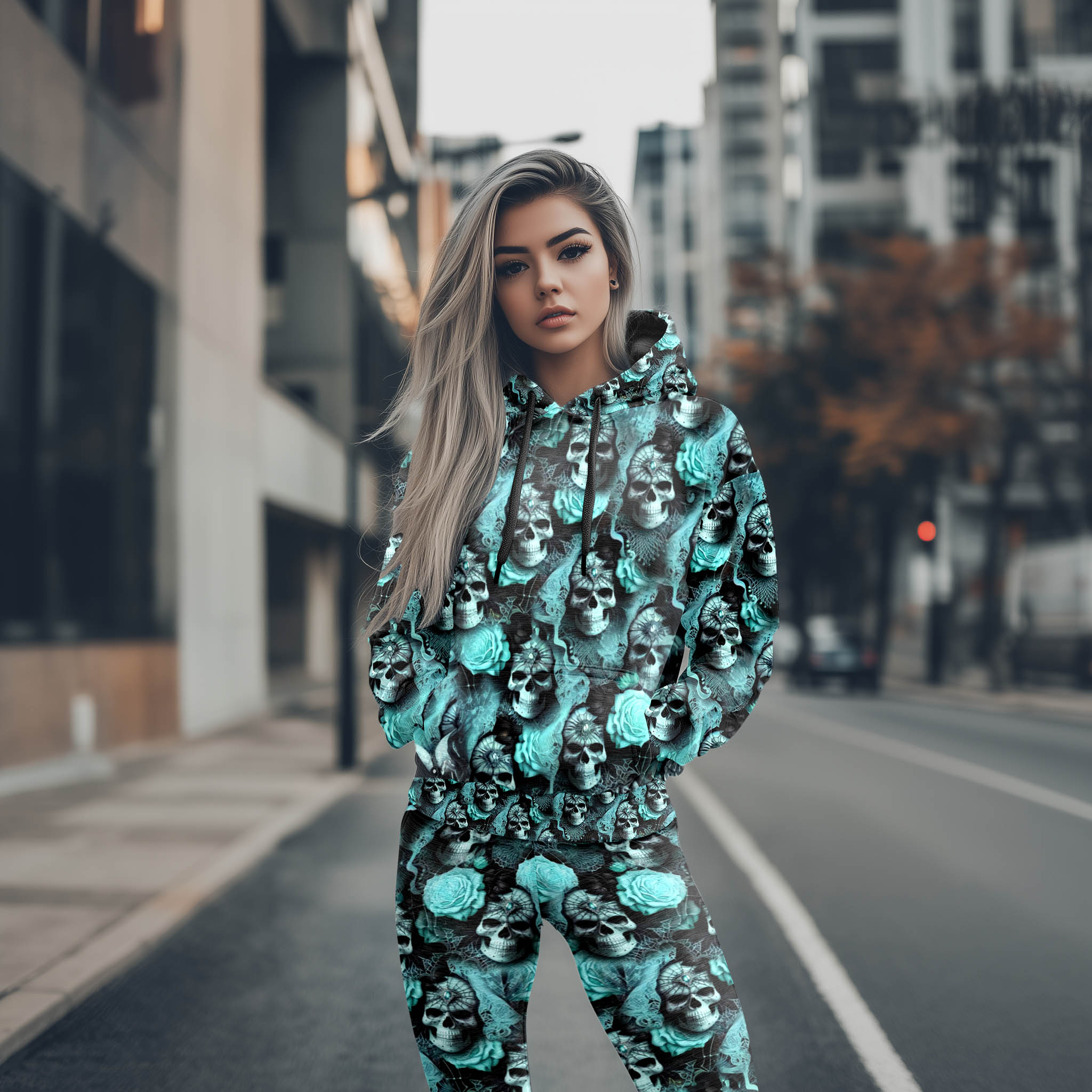 Women Hoodie and Leggings, Frozen Skull Lace Pattern Outwear Pants Outfit