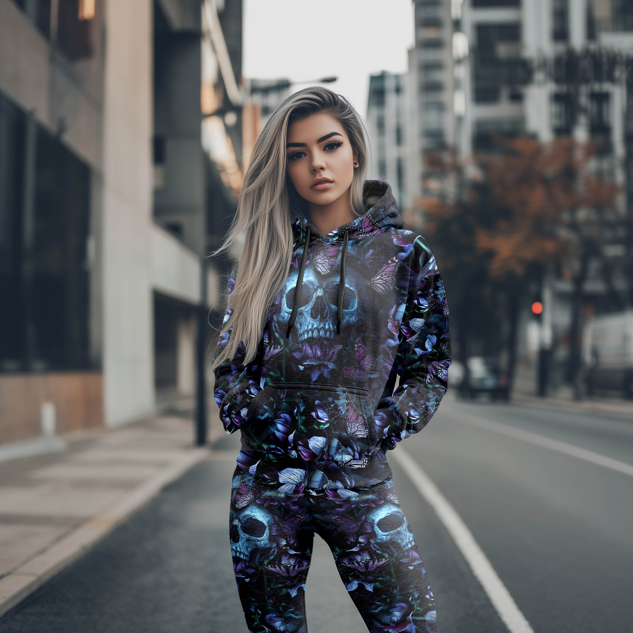 Women Hoodie and Leggings, Purple Mushroom Skull Outwear Pants Outfit