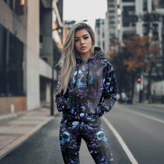 Women Hoodie and Leggings, Purple Mushroom Skull Outwear Pants Outfit