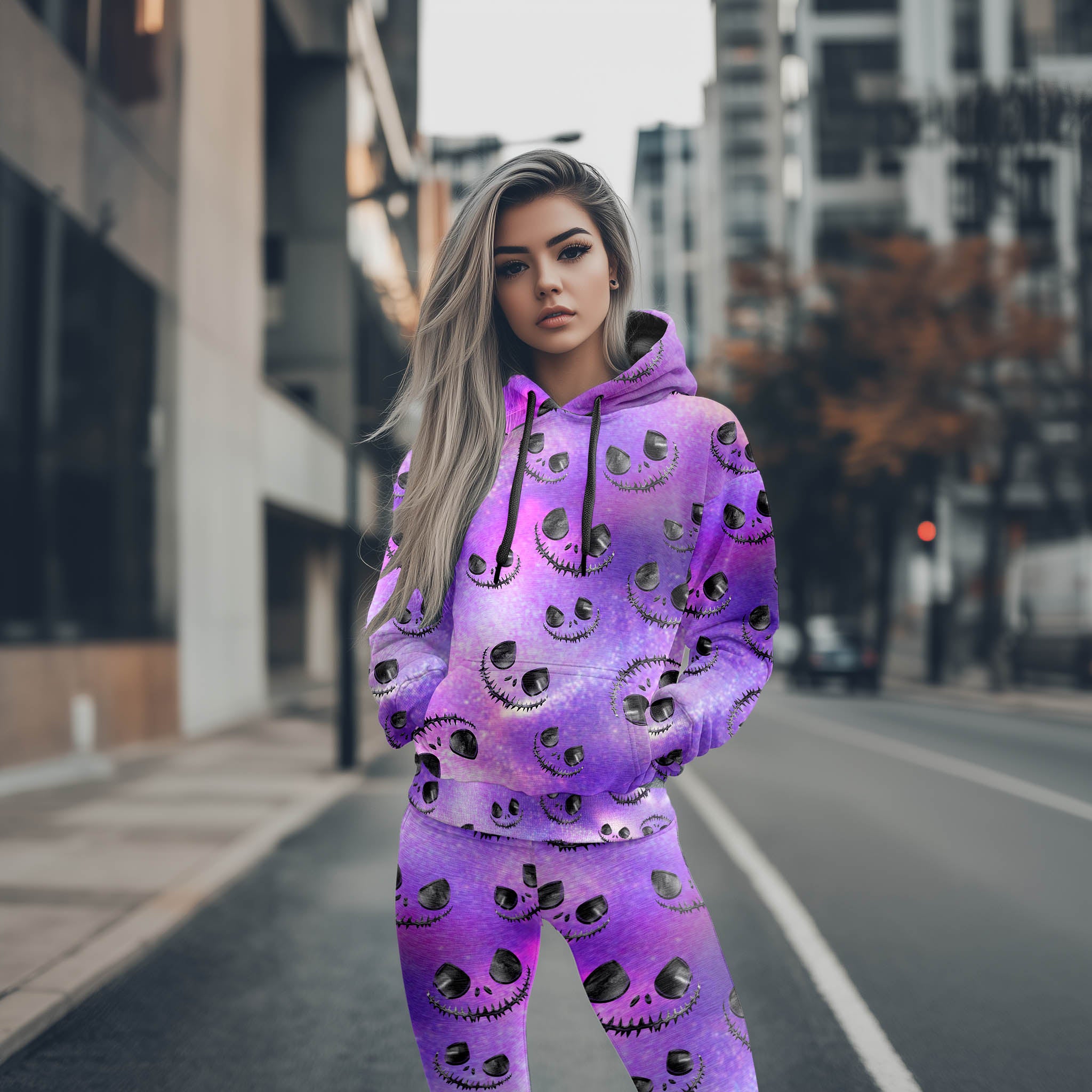 Women Hoodie and Leggings, Purple Face Pattern Outwear Pants Outfit