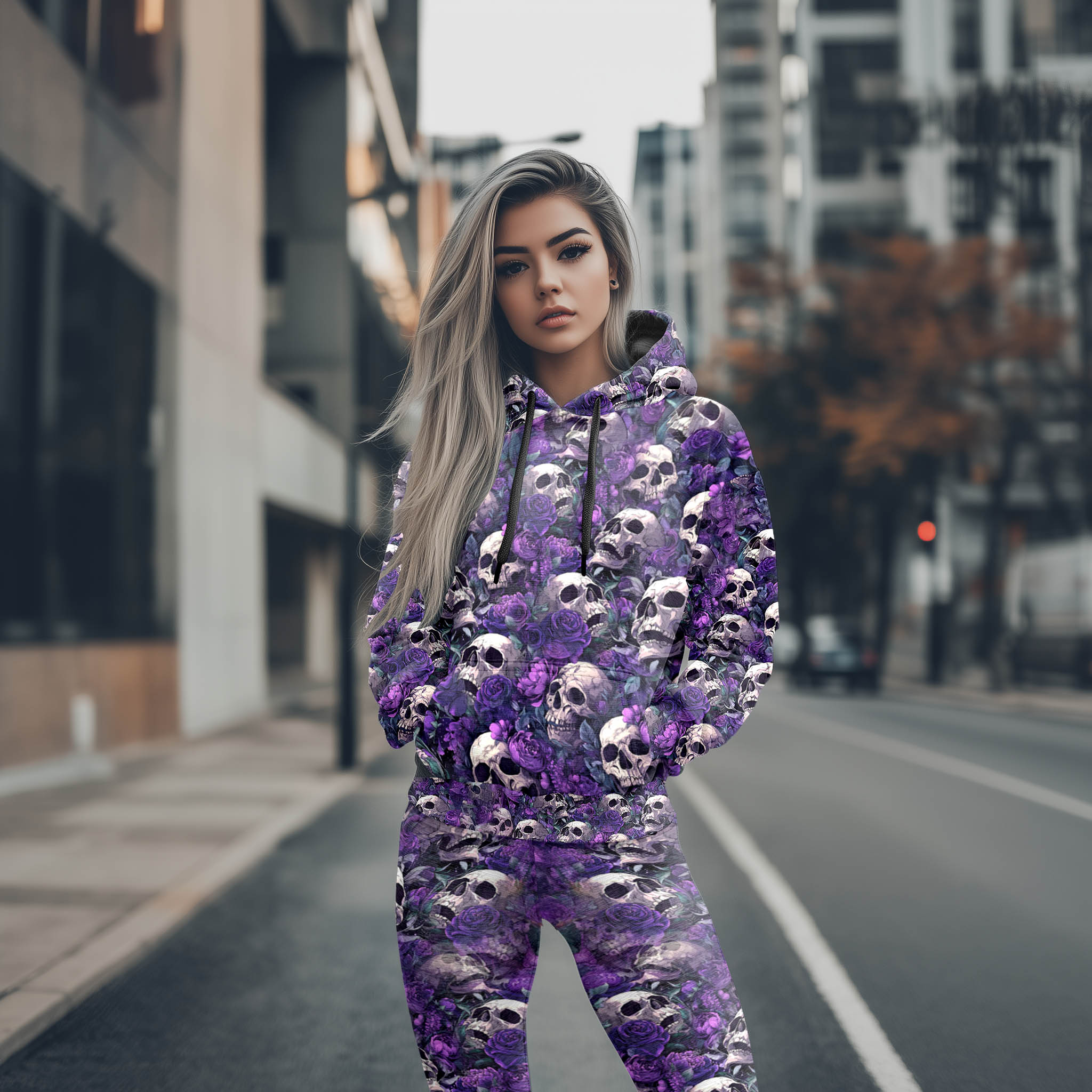 Women Hoodie and Leggings, Violet Requiem Skull Outwear Pants Outfit