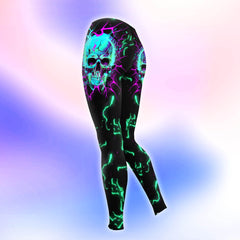 Neon Cyan Skull Thunder Combo Hoodie and Leggings - Dark and edgy matching set with skull designs for a unique and stylish look