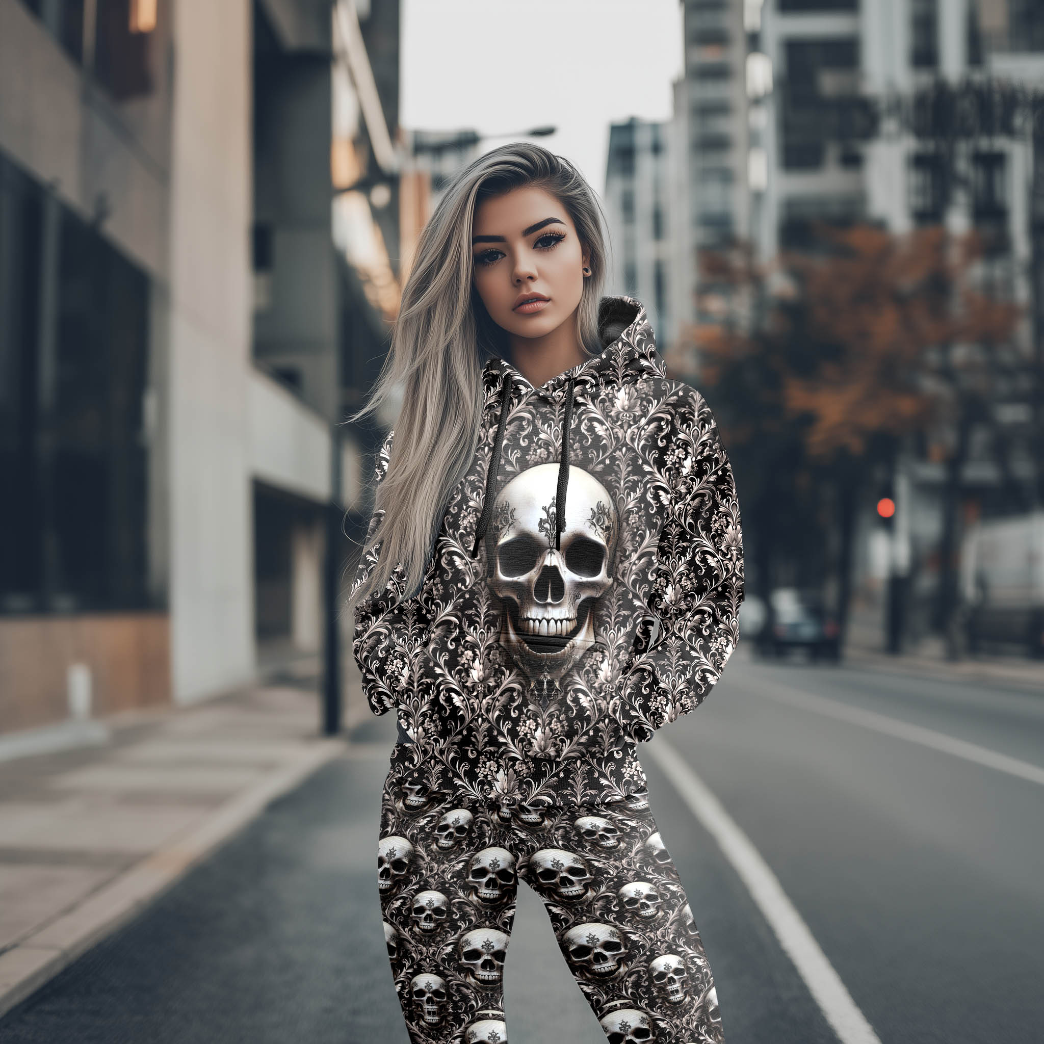 Women Hoodie and Leggings, Skull filigree Pattern Outwear Pants Outfit