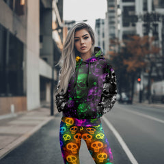 Women Hoodie and Leggings, Graffiti Splatter Skulls Outwear Pants Outfit