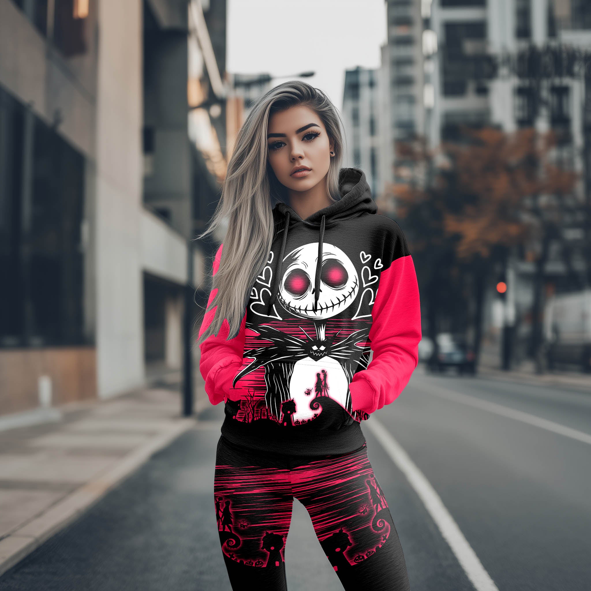 Women Hoodie and Leggings, Pink Couple Art Outwear Pants Outfit