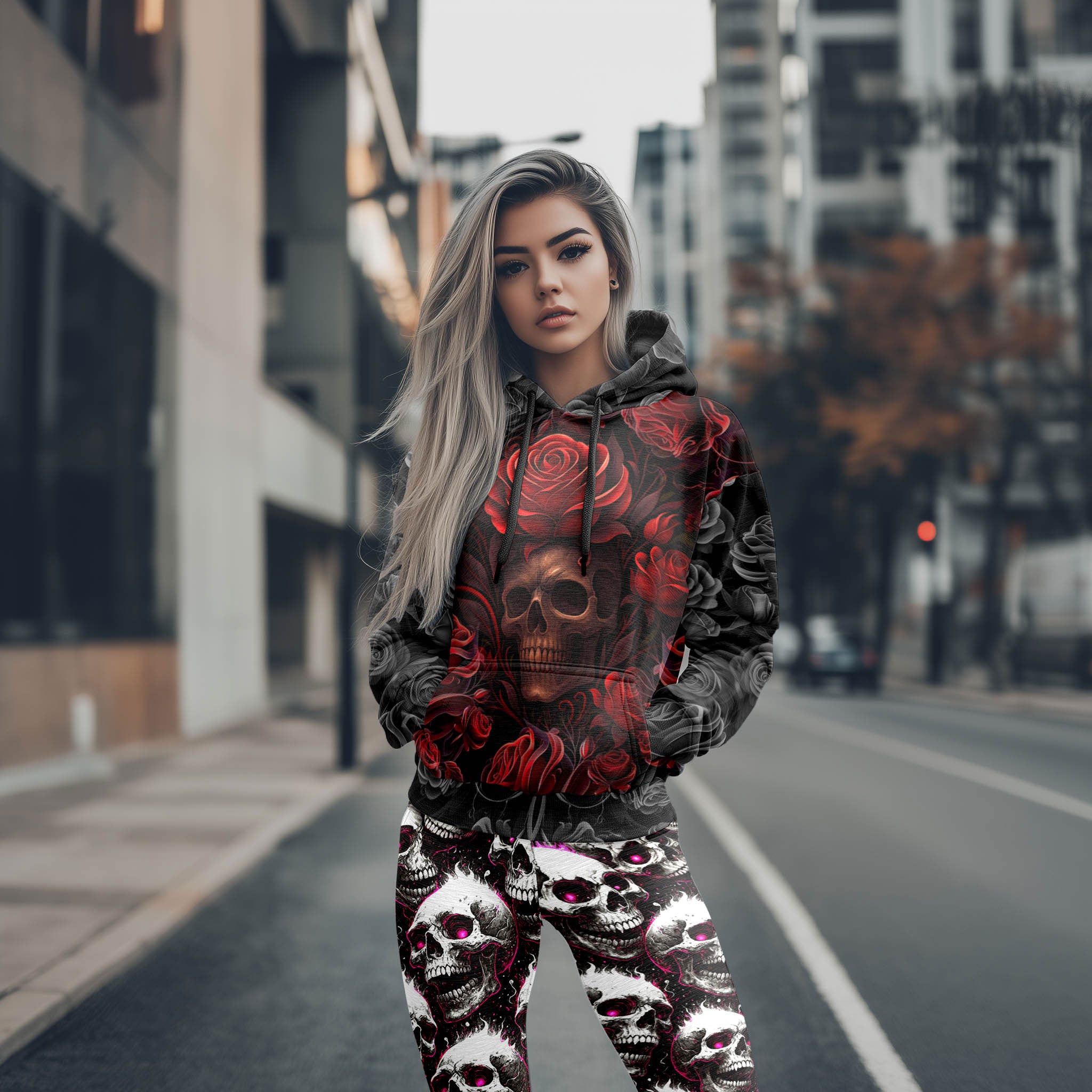 Women Hoodie and Leggings, Dark Baroque Skull Outwear Pants Outfit
