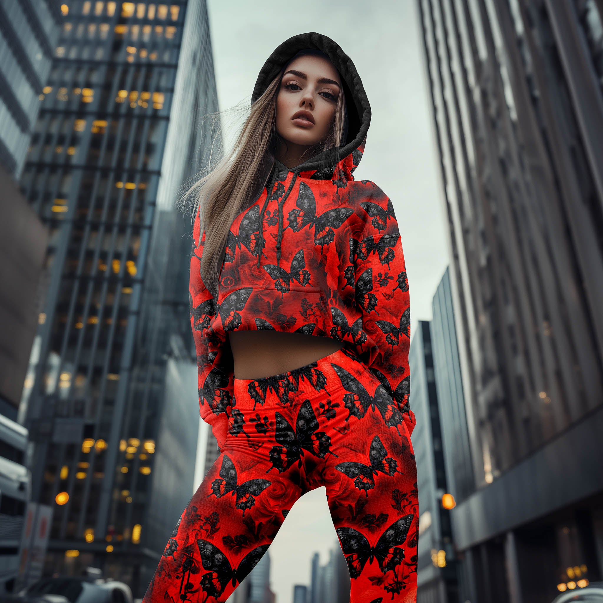 Women Hoodie and Leggings, Red Butterfly Skull Grunge Outwear Pants Outfit