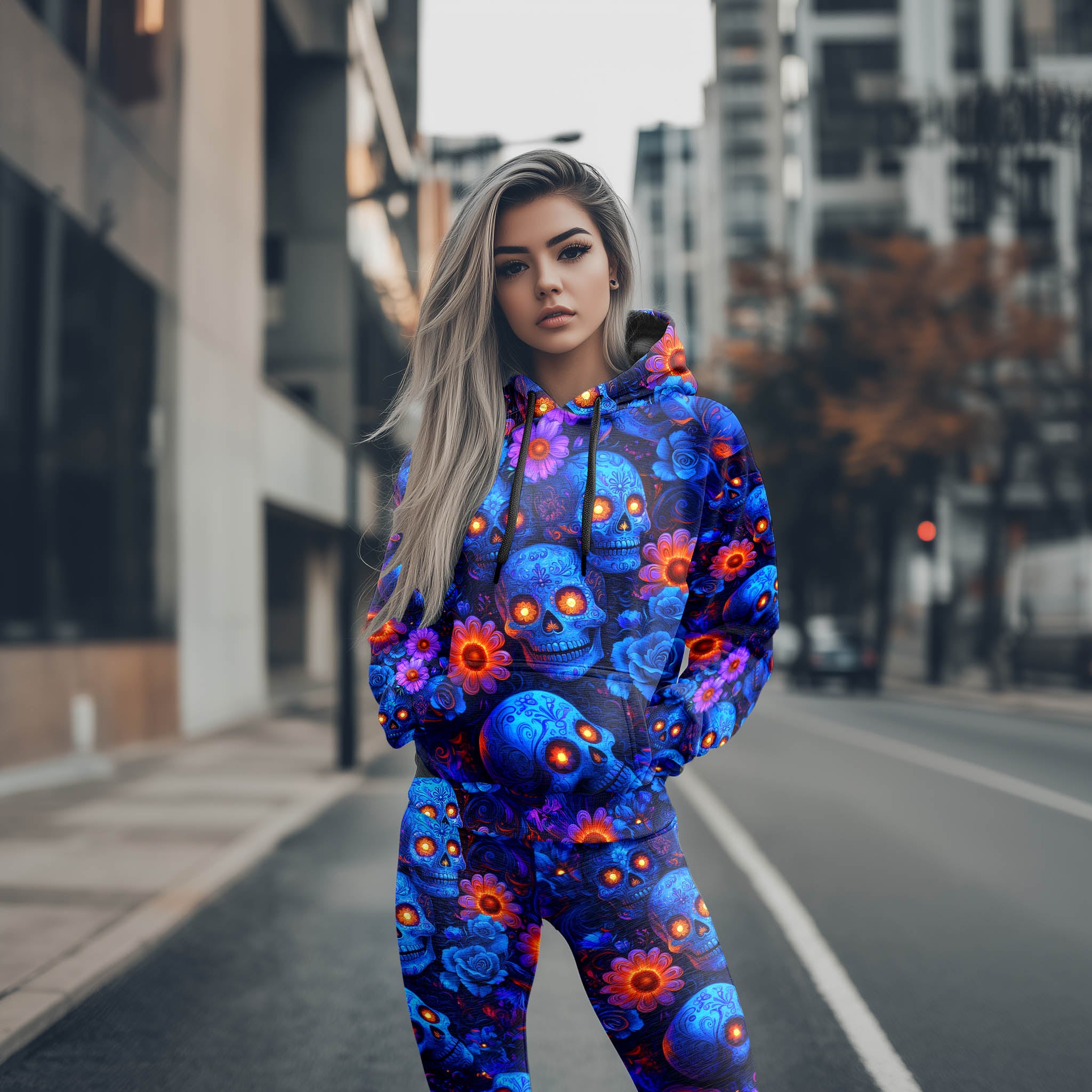 Women Hoodie and Leggings, Blue Skull Pattern Outwear Pants Outfit