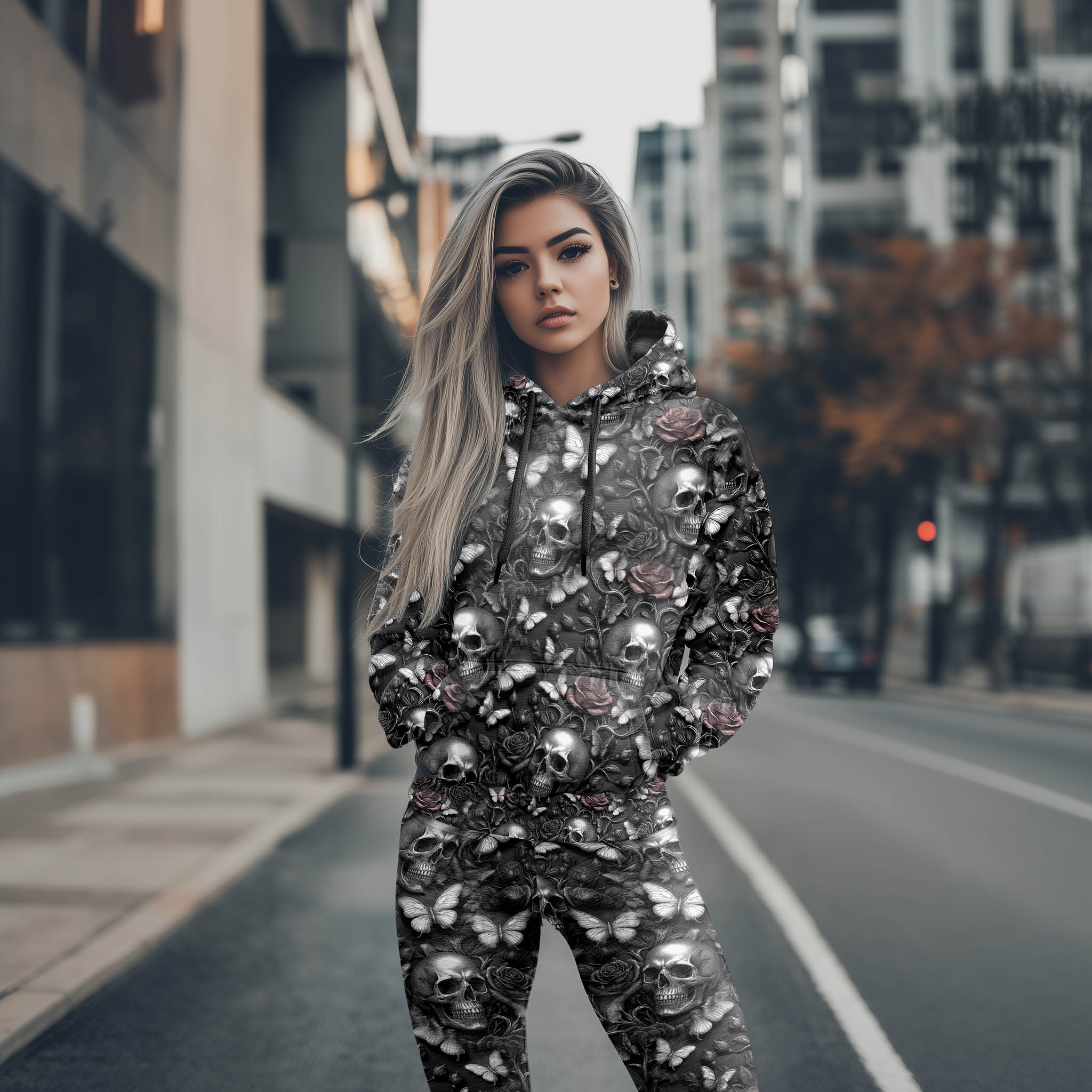 Women Hoodie and Leggings, Ashen Bloom Skull Pattern Outwear Pants Outfit