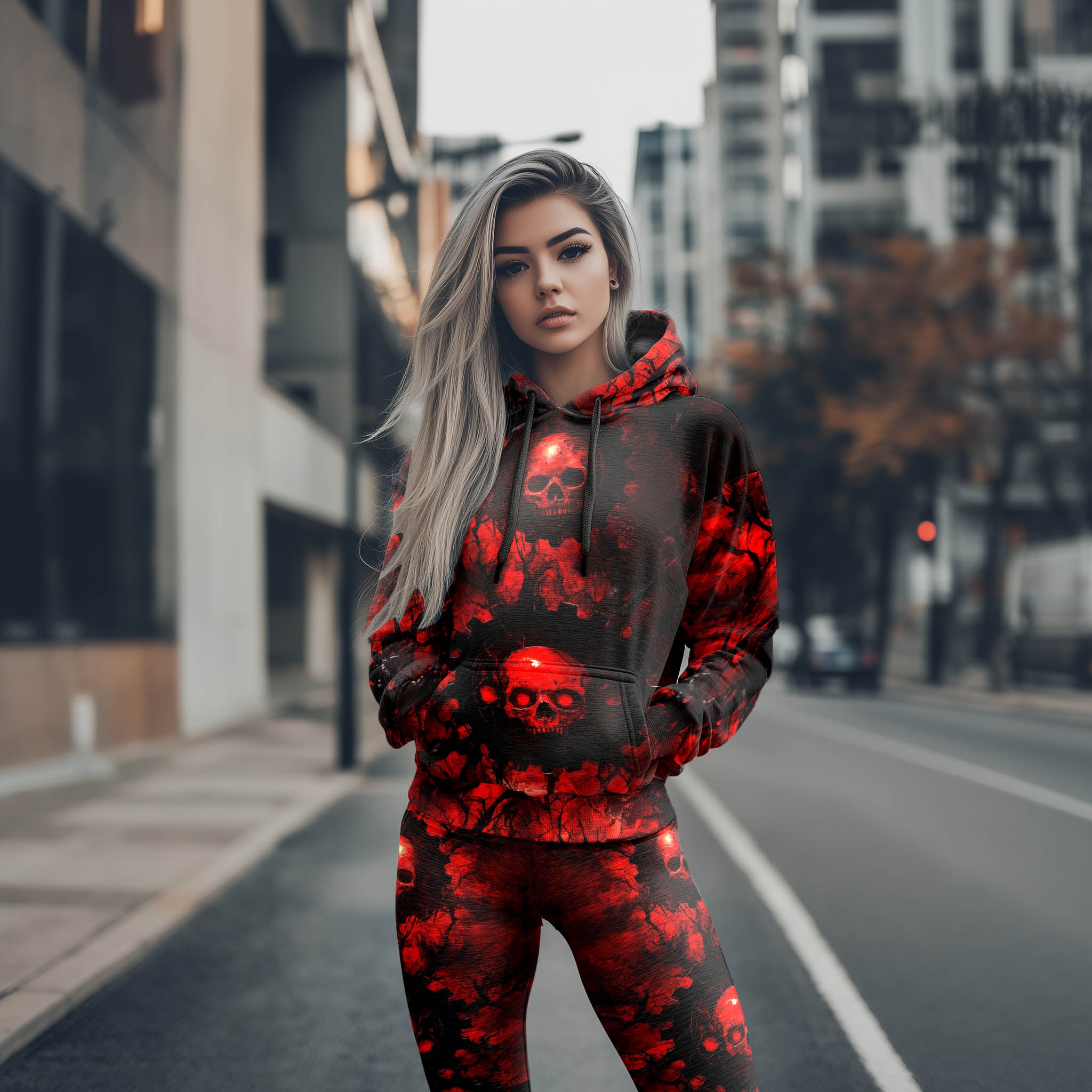 Women Hoodie and Leggings, Red Skull Grunge Outwear Pants Outfit