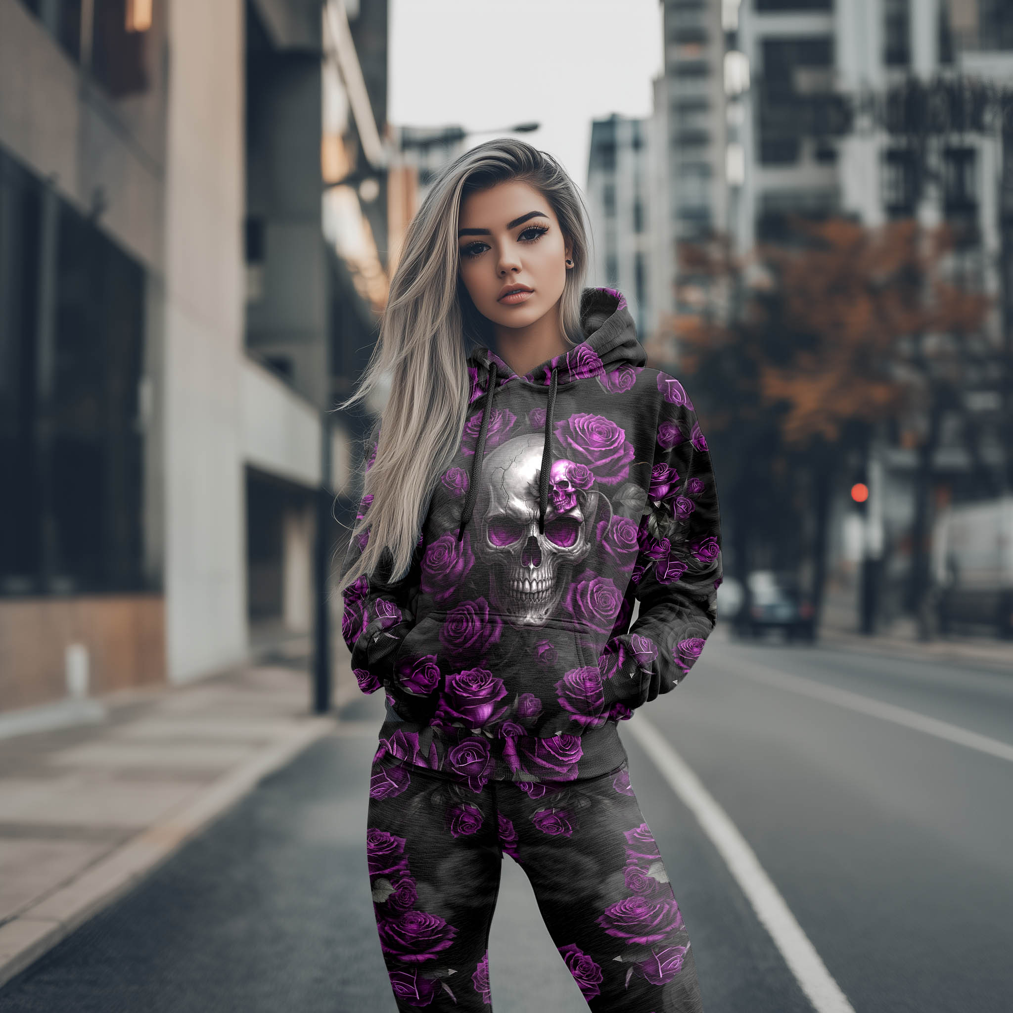 Women Hoodie and Leggings, Violet Scary Skull Rose Outwear Pants Outfit