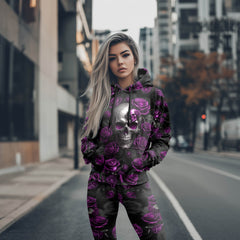Women Hoodie and Leggings, Violet Scary Skull Rose Outwear Pants Outfit