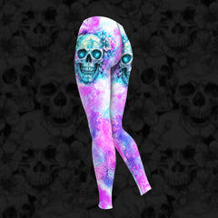 Women Hoodie and Leggings, Pink Blue Skull Art Outwear Pants Outfit