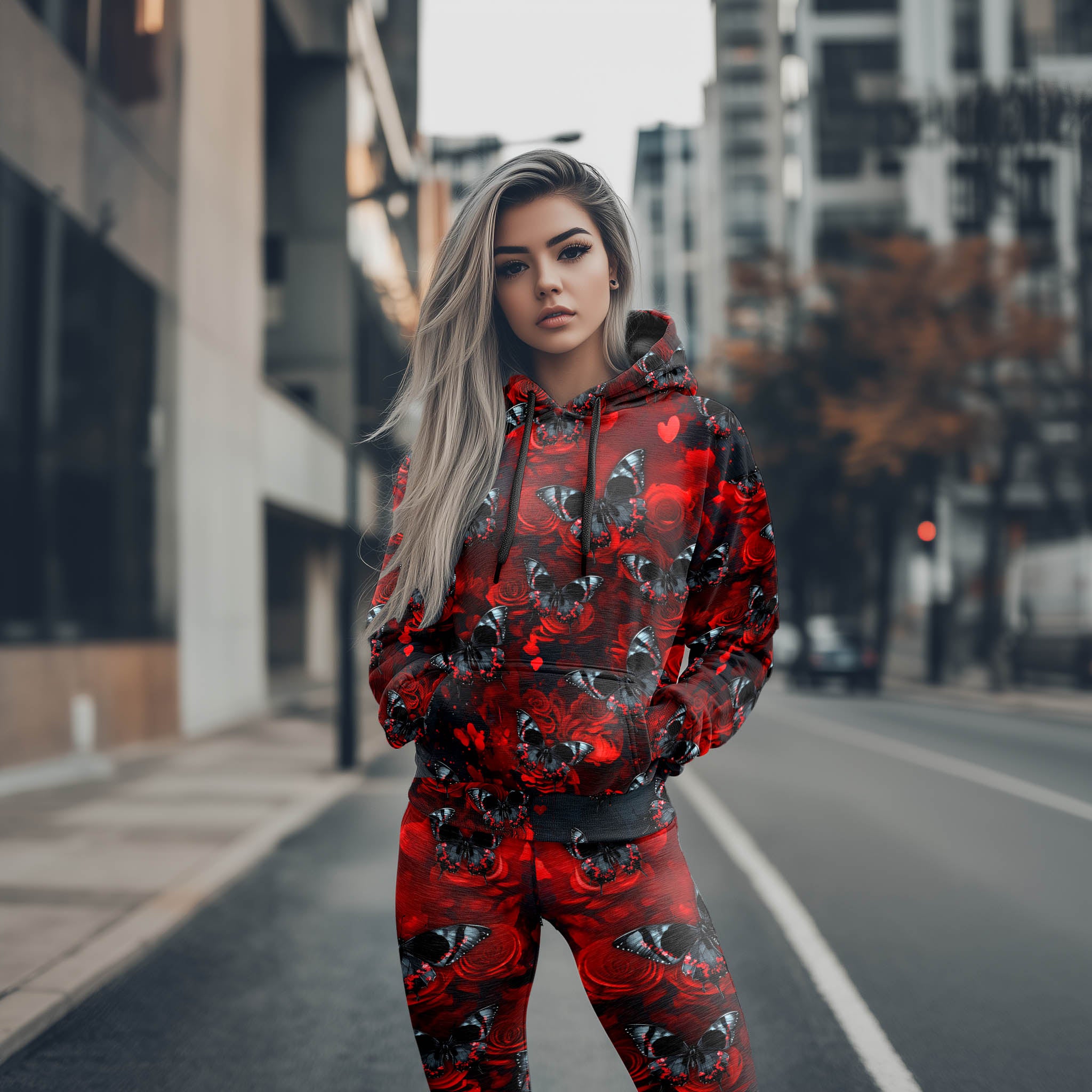 Women Hoodie and Leggings, Red Butterfly Skull Outwear Pants Outfit