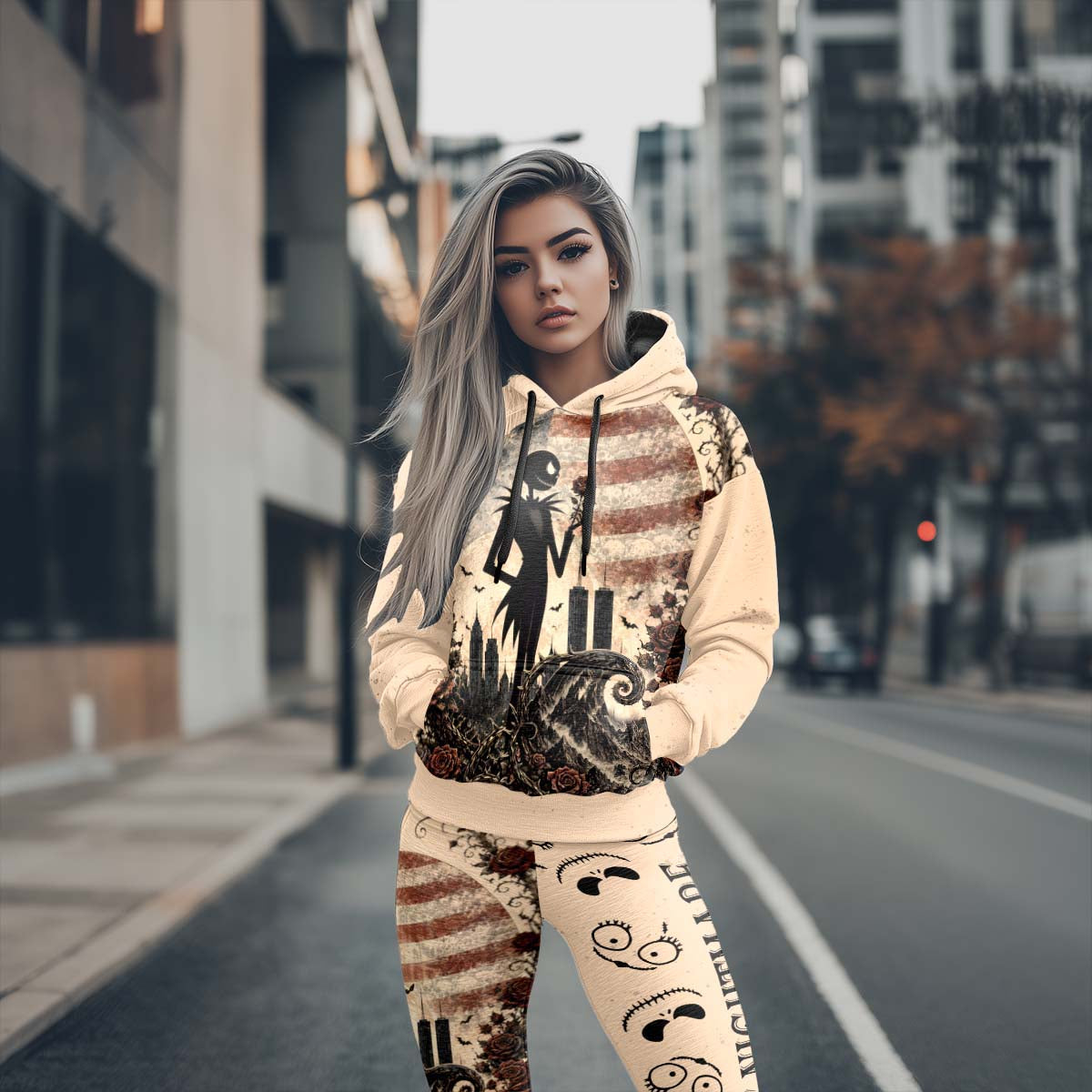 Women Hoodie and Leggings, Rose Skeleton Grunge Outwear Pants Outfit
