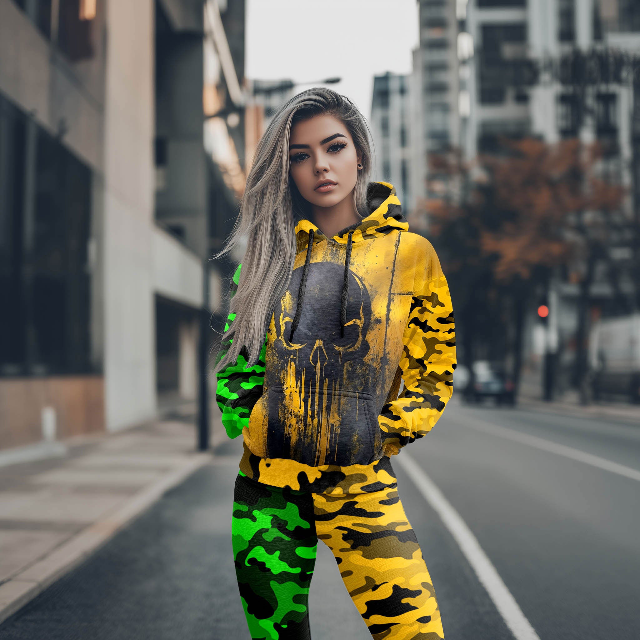 Women Hoodie and Leggings, Neon Drip Skull Outwear Pants Outfit