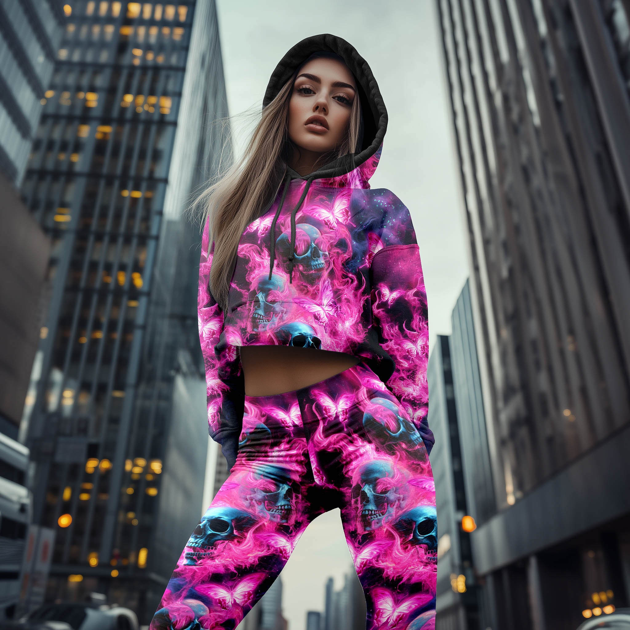 Women Hoodie and Leggings, Pink Skull Flaming Outwear Pants Outfit