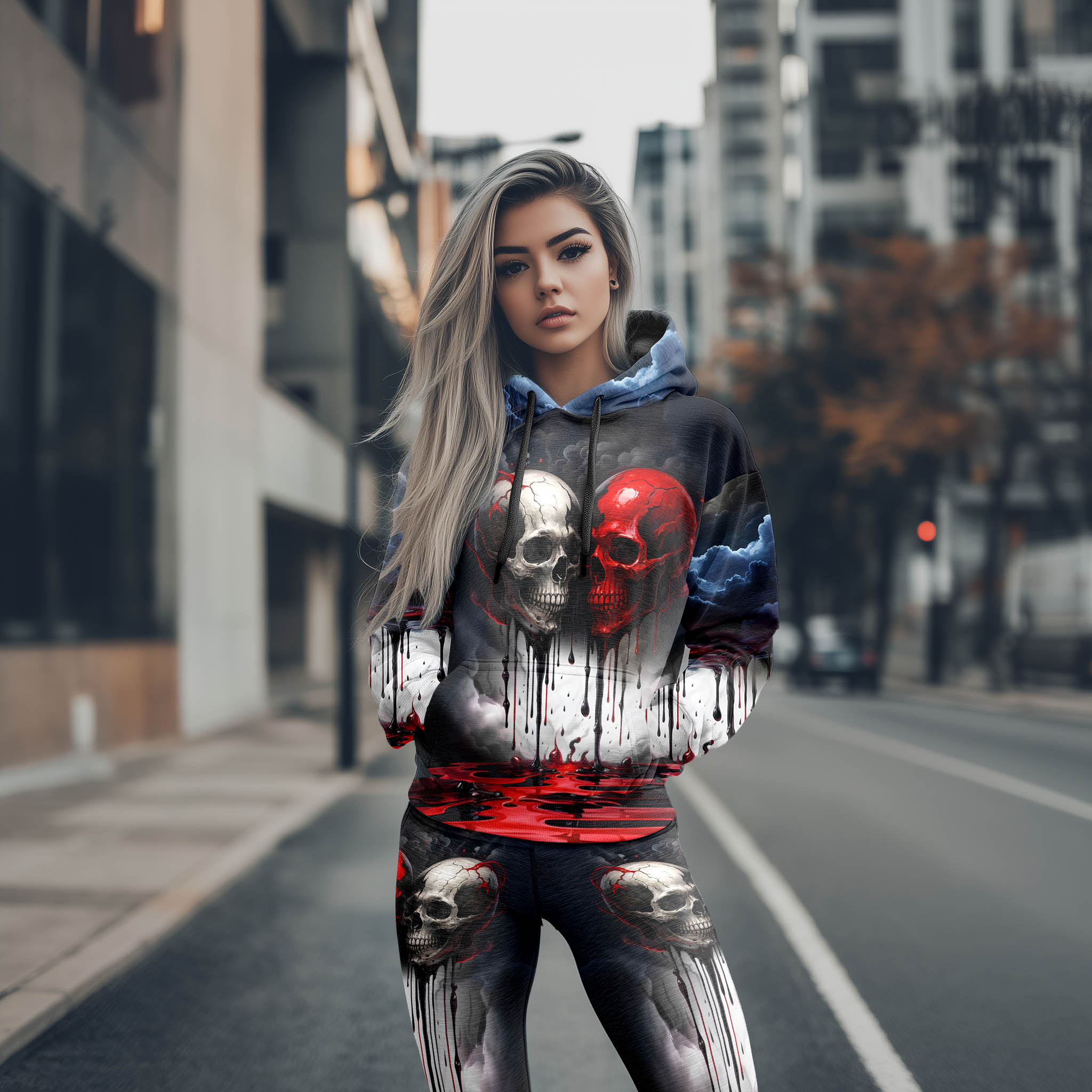 Women Hoodie and Leggings, Blood Couple Skull Art Outwear Pants Outfit