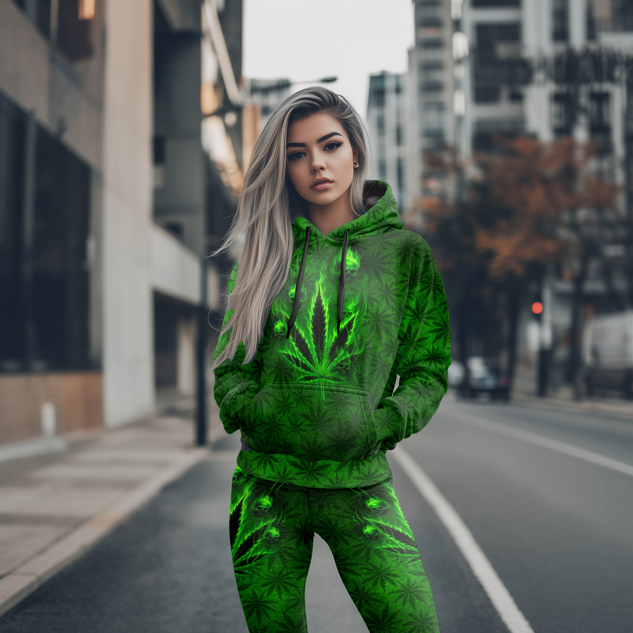 Women Hoodie and Leggings, Green Skull Leaf Pattern Outwear Pants Outfit