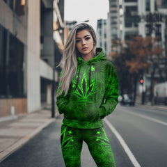 Women Hoodie and Leggings, Green Skull Leaf Pattern Outwear Pants Outfit