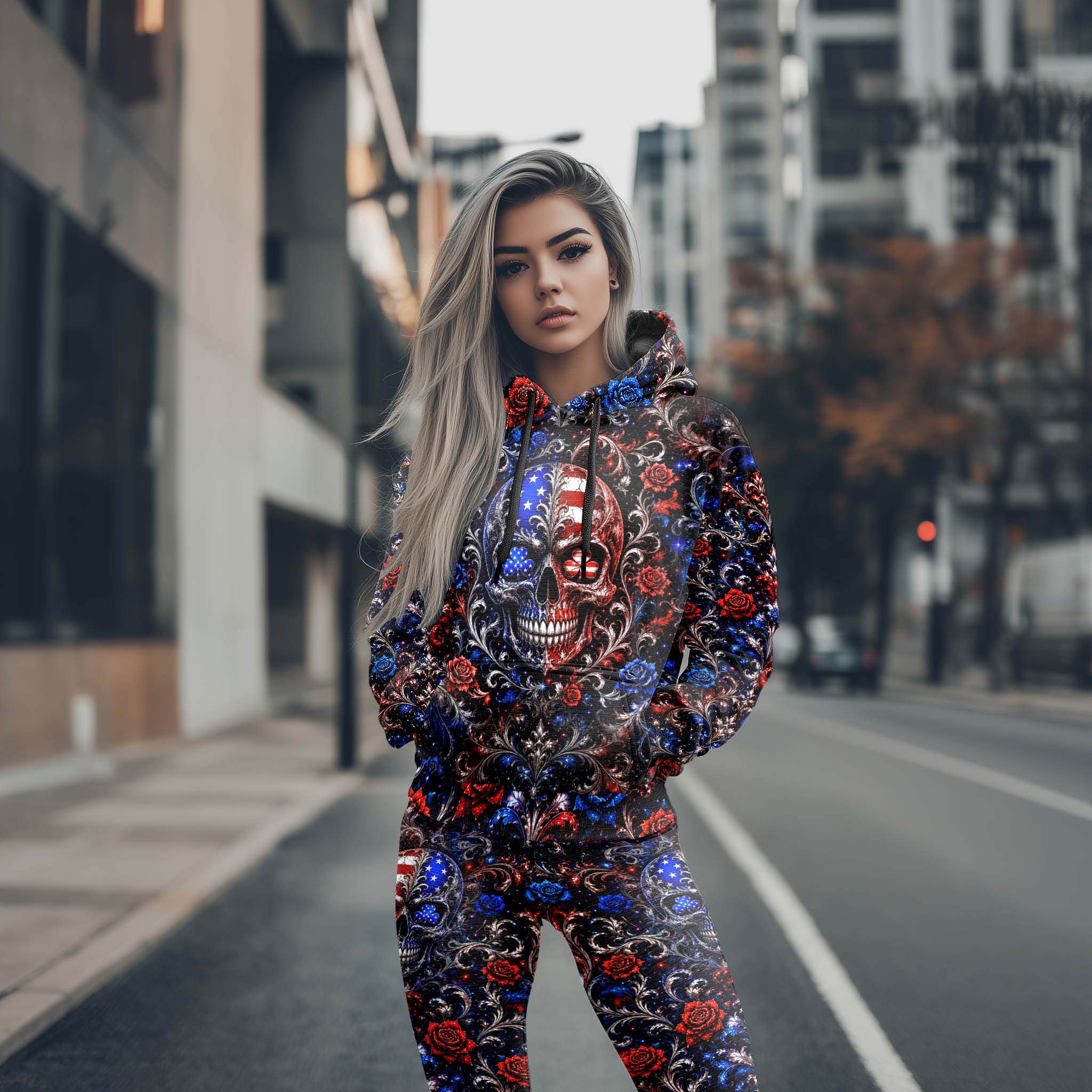 Women Hoodie and Leggings, Patriotic Damask Skull Outwear Pants Outfit