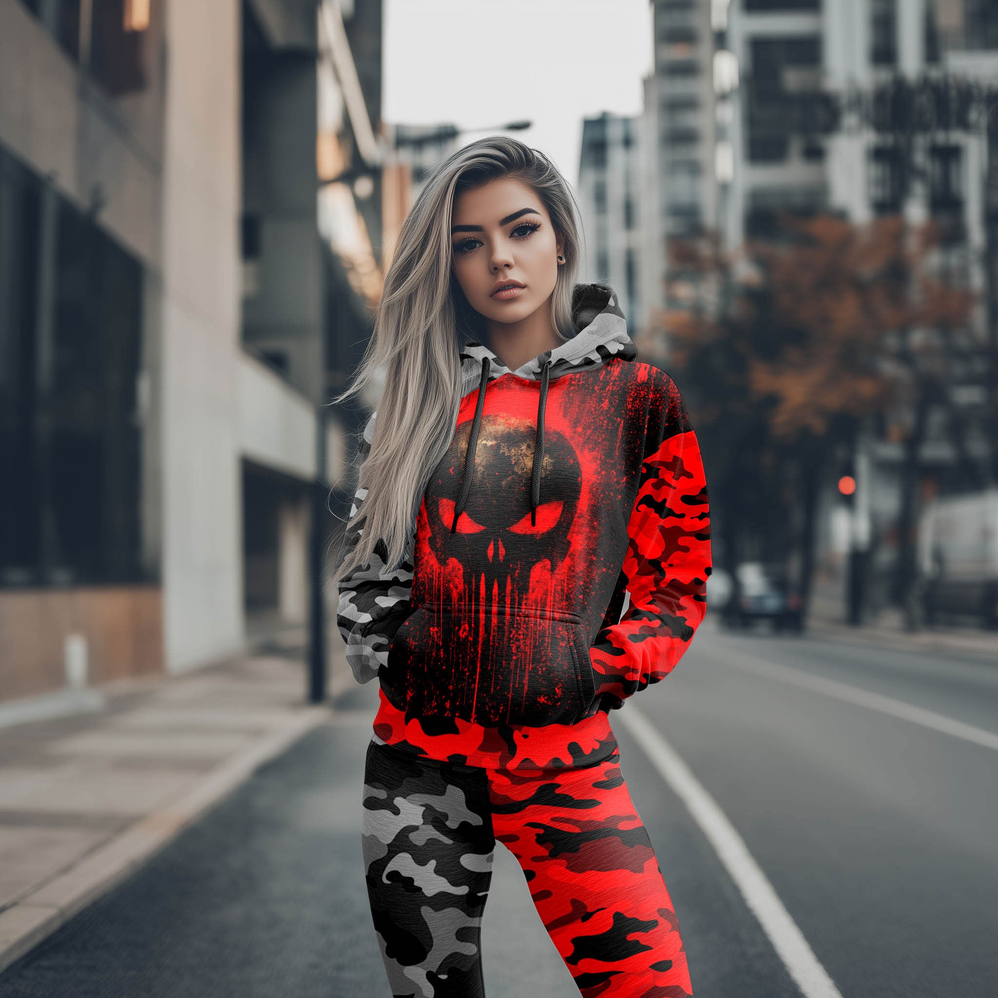 Women Hoodie and Leggings, Bloody Camo Skull Outwear Pants Outfit