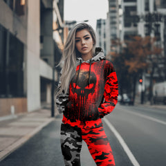 Women Hoodie and Leggings, Bloody Camo Skull Outwear Pants Outfit