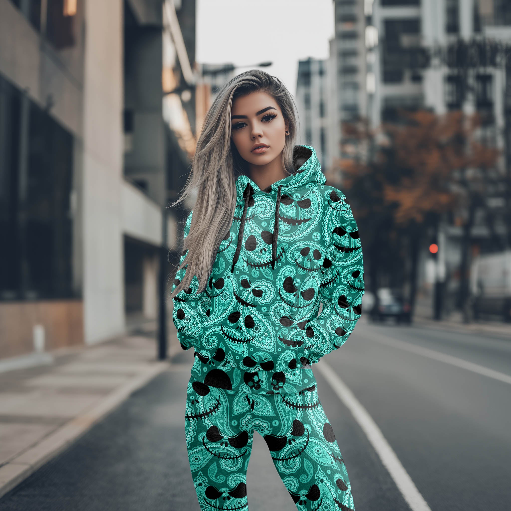 Women Hoodie and Leggings, Cyan Paisley Face Outwear Pants Outfit