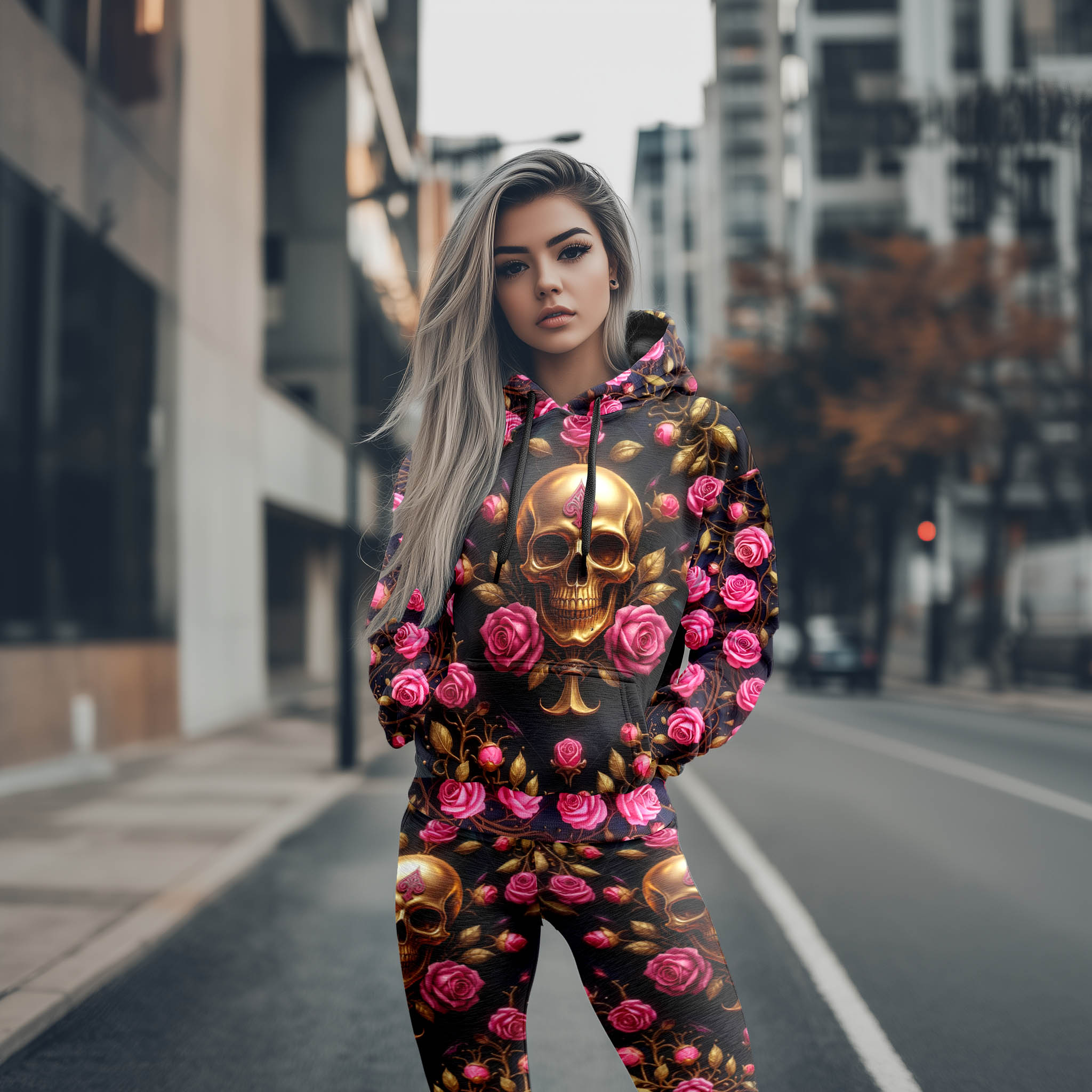 Women Hoodie and Leggings, Gilded Skull & Roses Outwear Pants Outfit