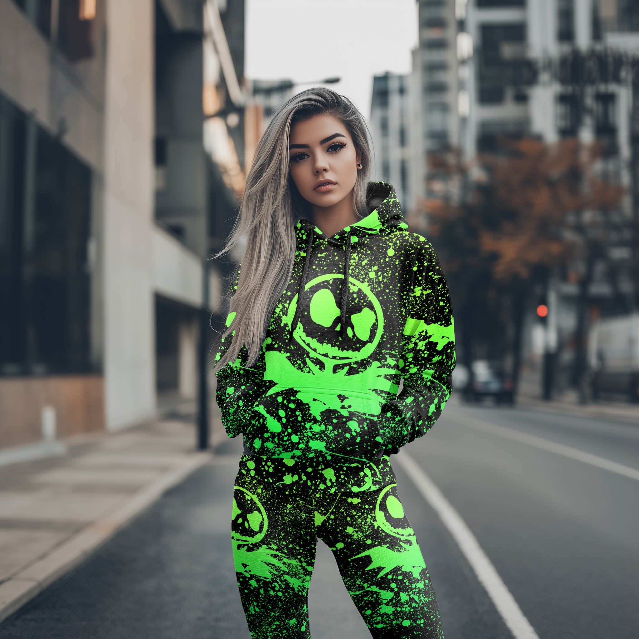 Women Hoodie and Leggings, Green Brush Art Outwear Pants Outfit
