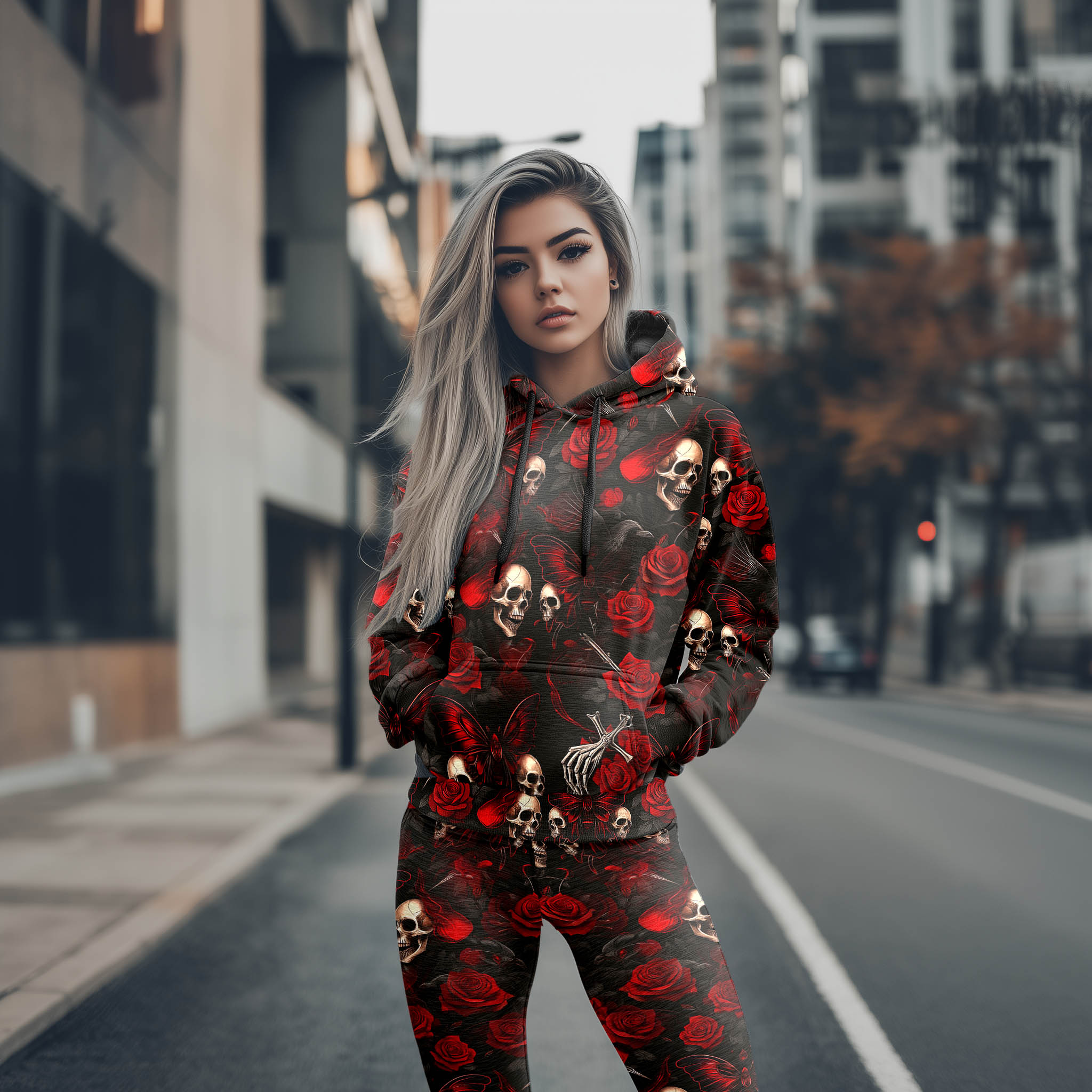 Women Hoodie and Leggings, Red Crimson Curse Skull Outwear Pants Outfit