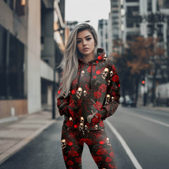 Women Hoodie and Leggings, Red Crimson Curse Skull Outwear Pants Outfit