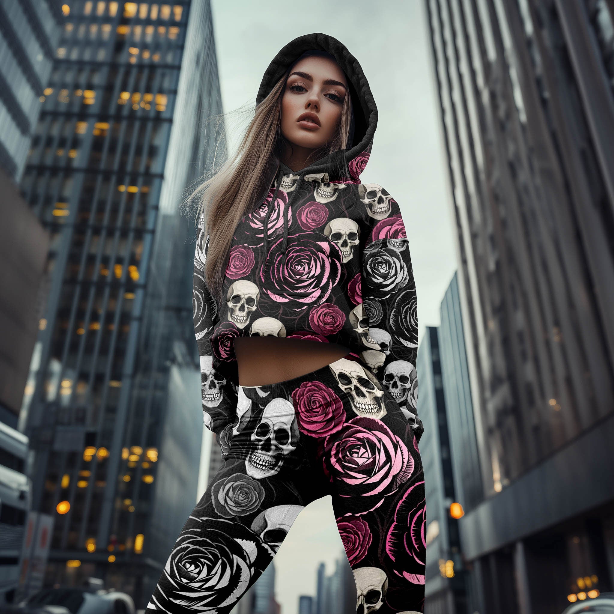 Women Hoodie and Leggings, Pastel Rose Skull Bloom Outwear Pants Outfit