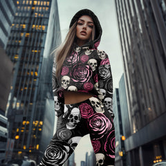 Women Hoodie and Leggings, Pastel Rose Skull Bloom Outwear Pants Outfit
