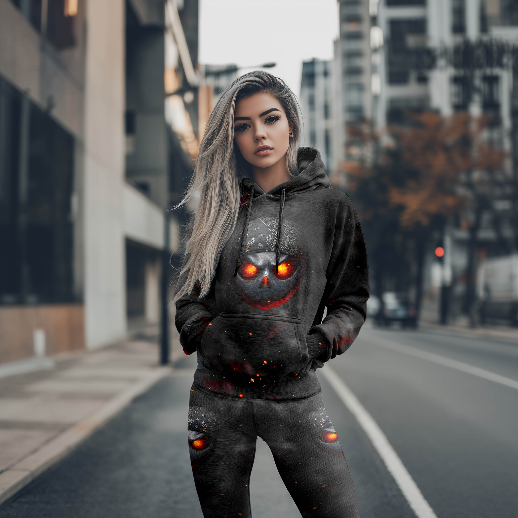 Women Hoodie and Leggings, Dust Fire Skull Art Outwear Pants Outfit