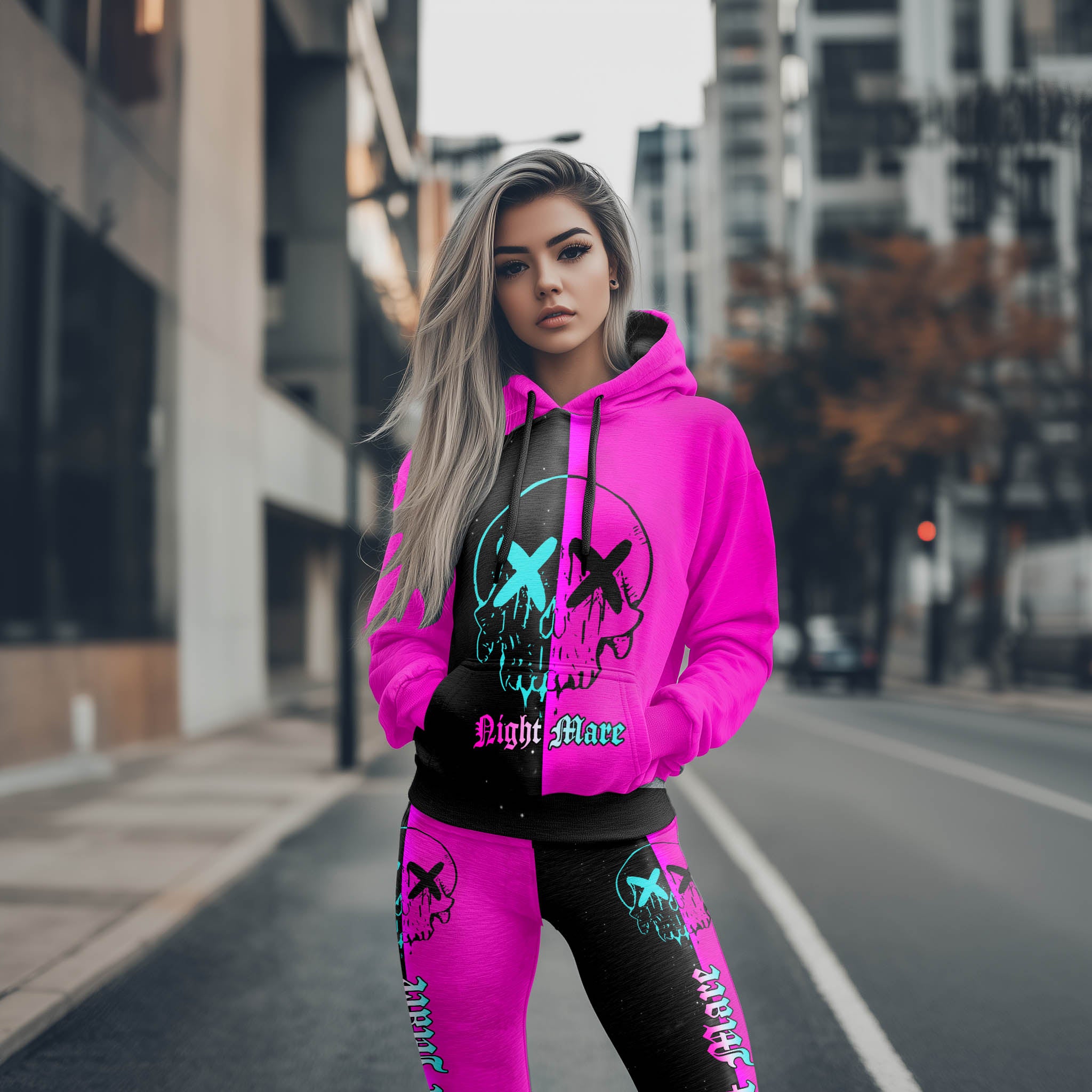 Women Hoodie and Leggings, Neon Skull Nightmare Outwear Pants Outfit