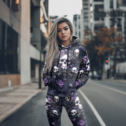 Women Hoodie and Leggings, Purple Skull Gothic Outwear Pants Outfit