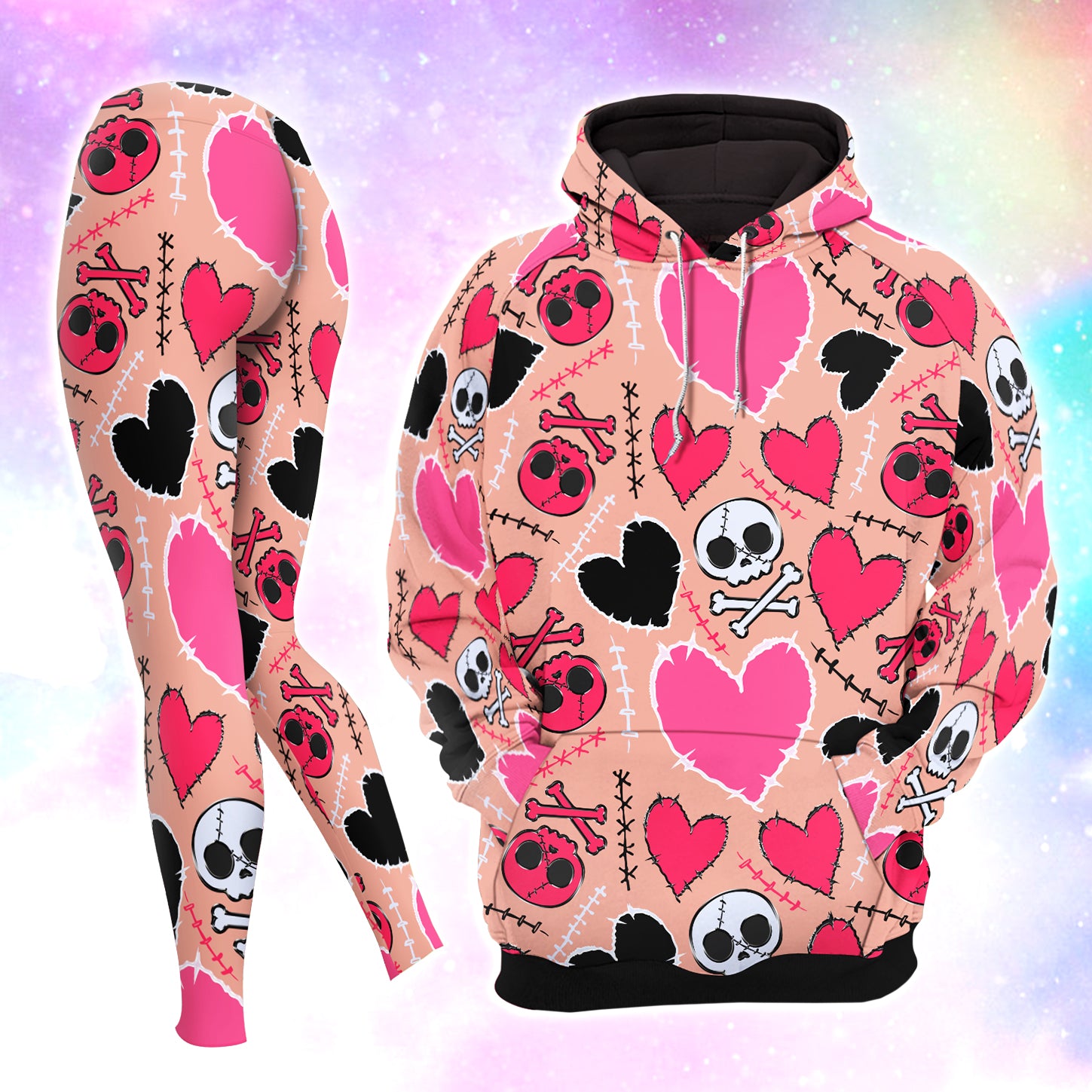 Pastel Skull Heart Pattern Combo Hoodie and Leggings - Dark and edgy matching set with skull designs for a unique and stylish look