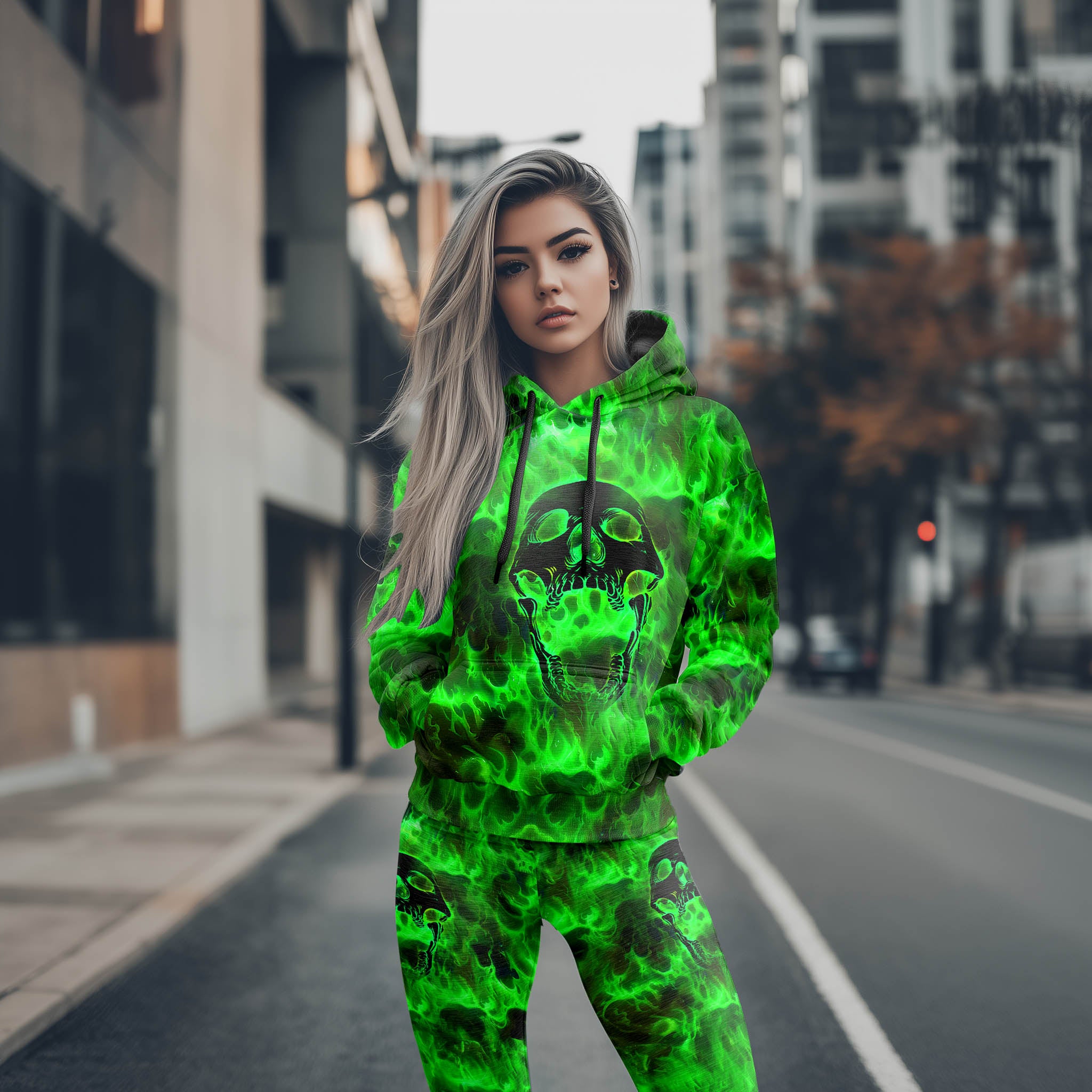 Women Hoodie and Leggings, Green Skull Flaming Outwear Pants Outfit