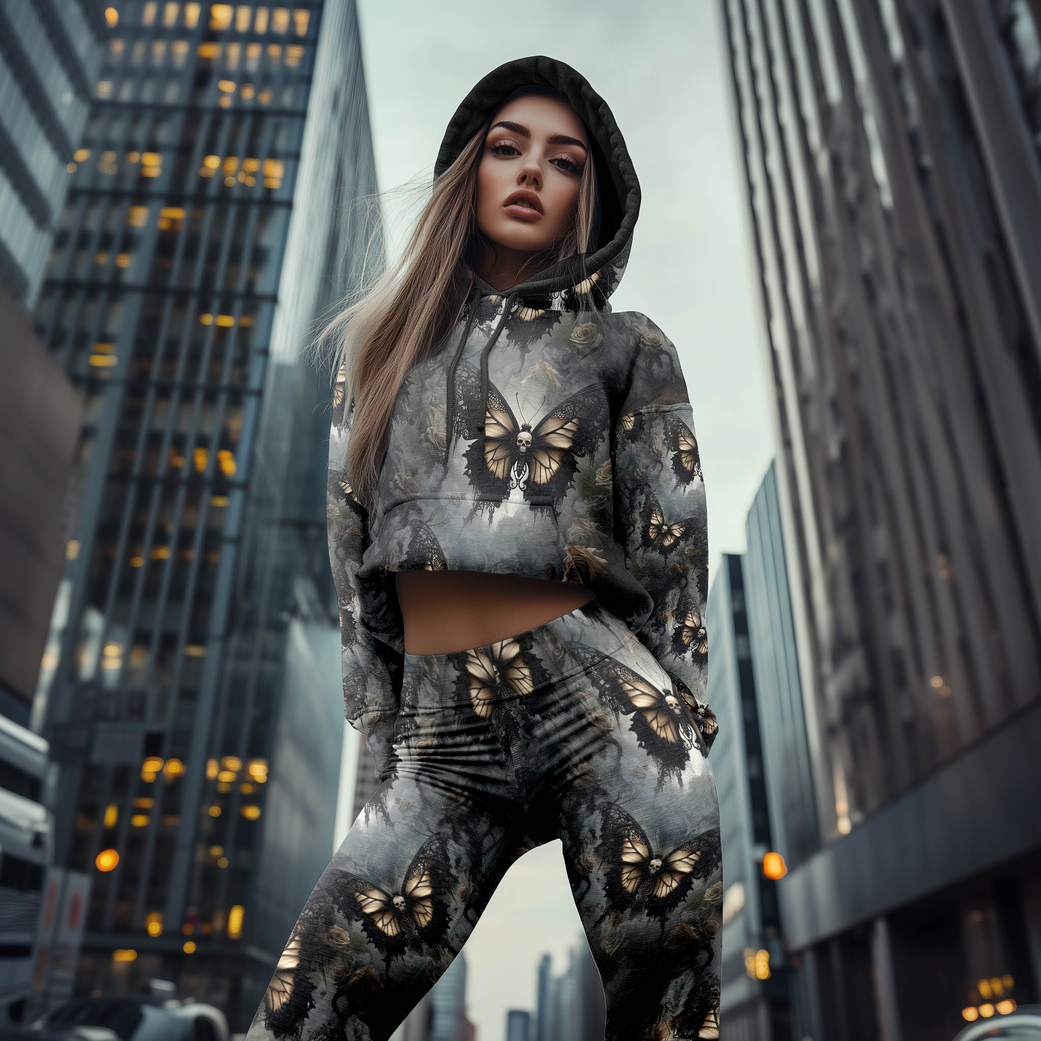 Women Hoodie and Leggings, Tan Butterfly Skull Gothic Outwear Pants Outfit