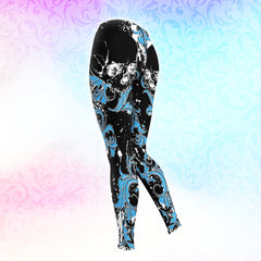 Blue Floral Skull Dark Combo Hoodie and Leggings - Dark and edgy matching set with skull designs for a unique and stylish look