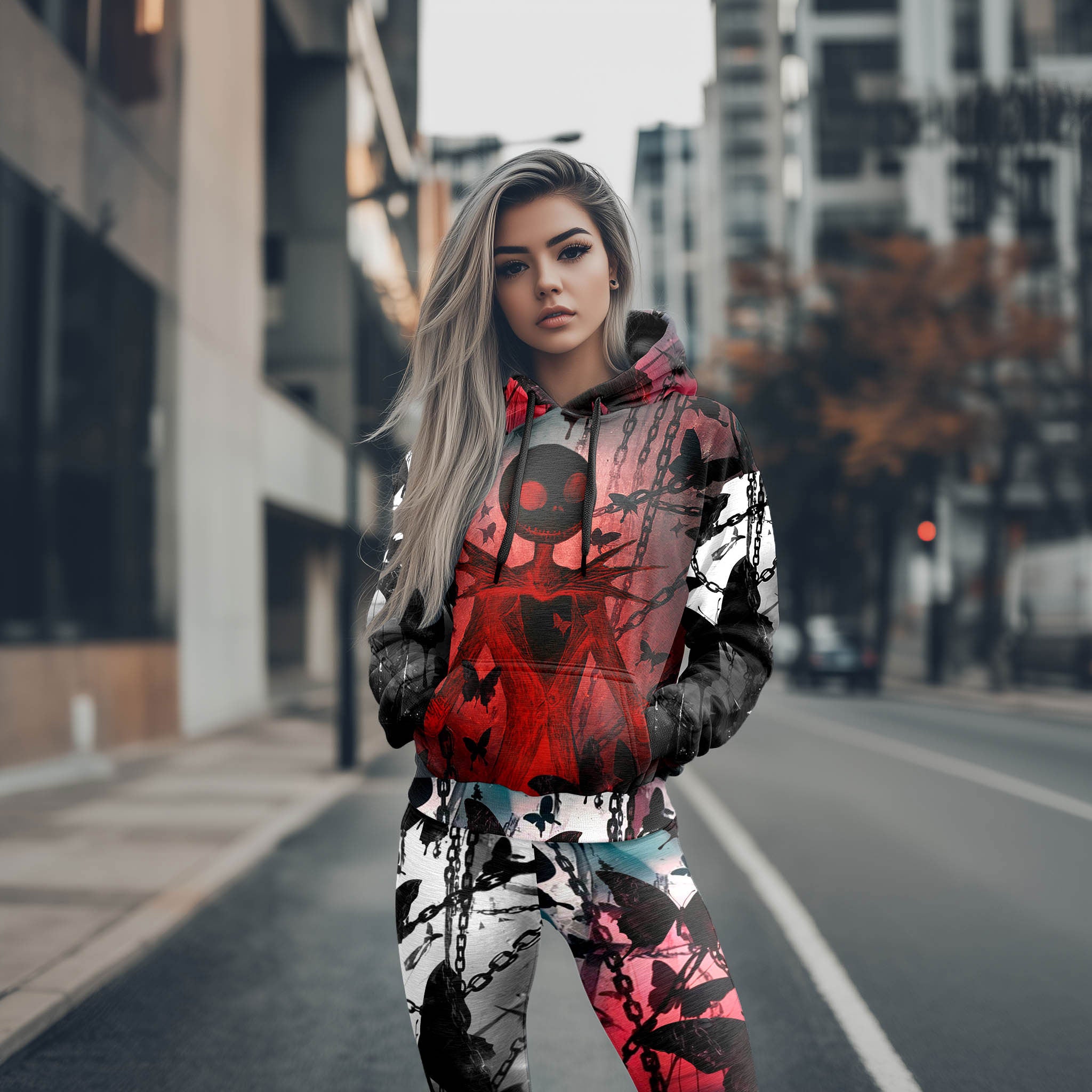 Women Hoodie and Leggings, Chains Skeleton Butterfly Outwear Pants Outfit