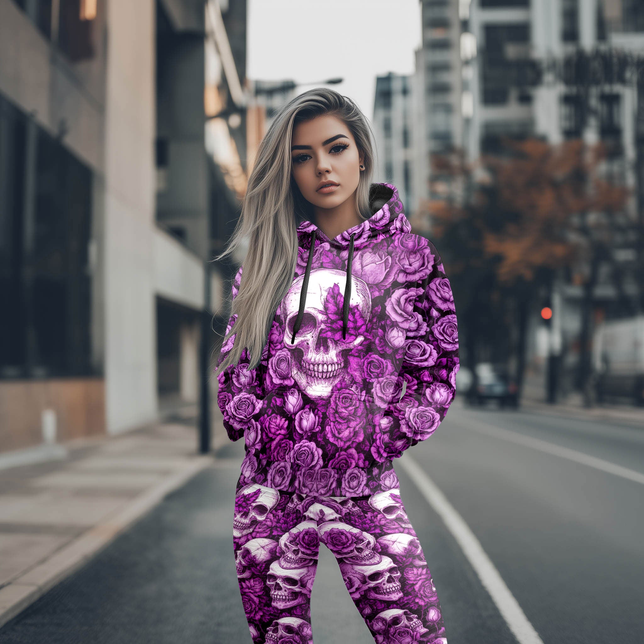 Women Hoodie and Leggings, Violet Gothic Skull Rose Outwear Pants Outfit