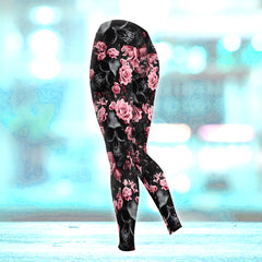 Black Pink Skull Rose Combo Hoodie and Leggings - Dark and edgy matching set with skull designs for a unique and stylish look