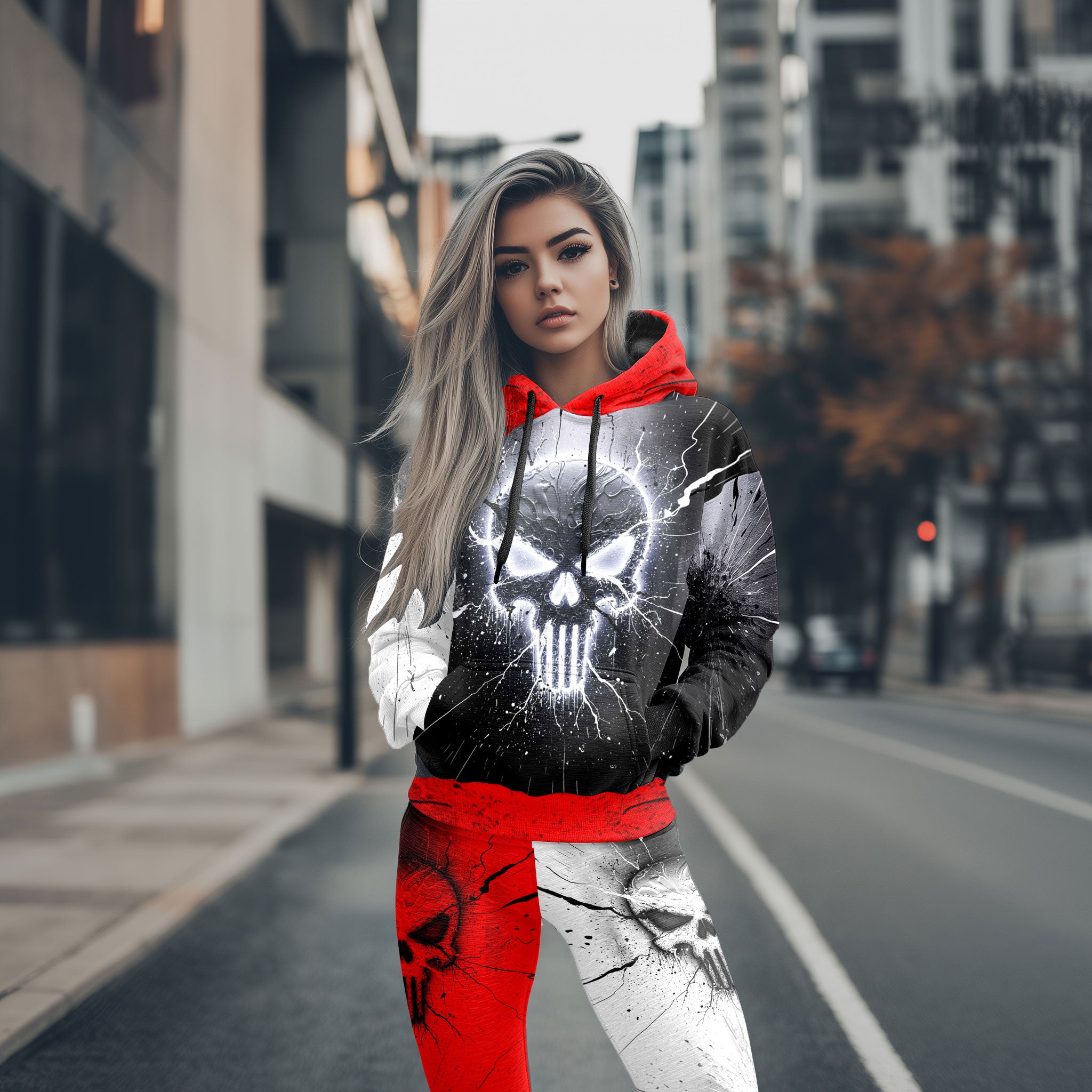 Women Hoodie and Leggings, Electric Skull Gothic Outwear Pants Outfit