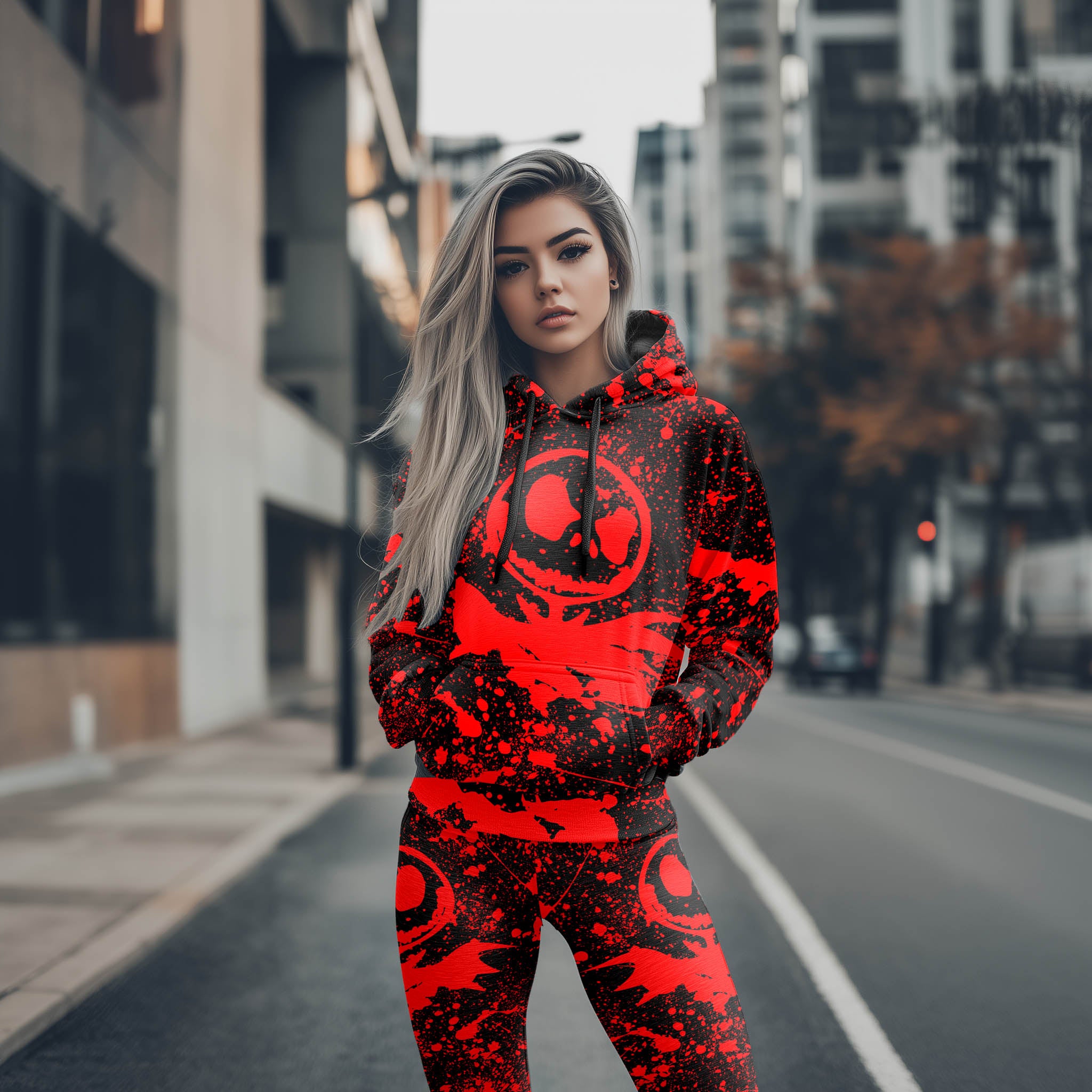 Women Hoodie and Leggings, Red Brush Art Outwear Pants Outfit