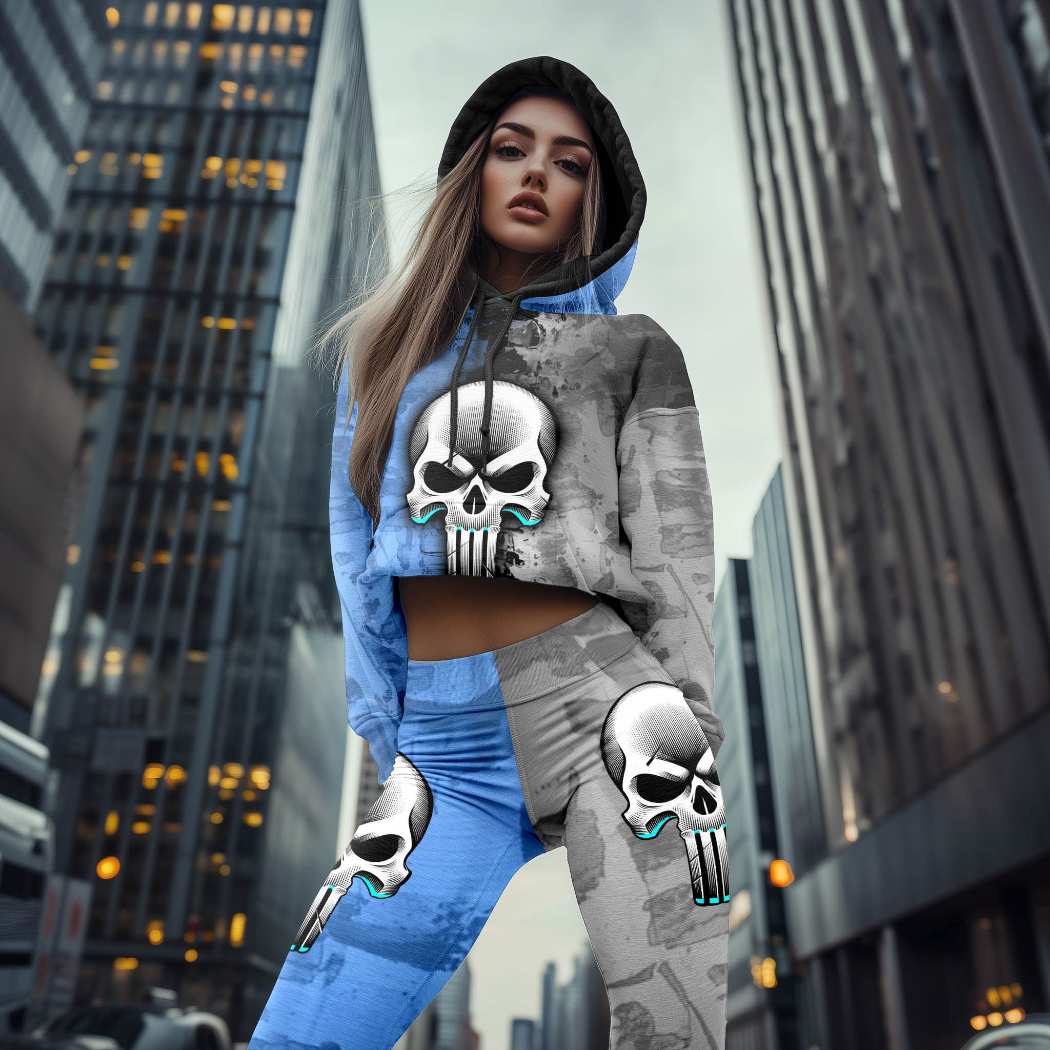 Women Hoodie and Leggings, Blue Streak Skull Outwear Pants Outfit