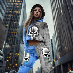 Women Hoodie and Leggings, Blue Streak Skull Outwear Pants Outfit