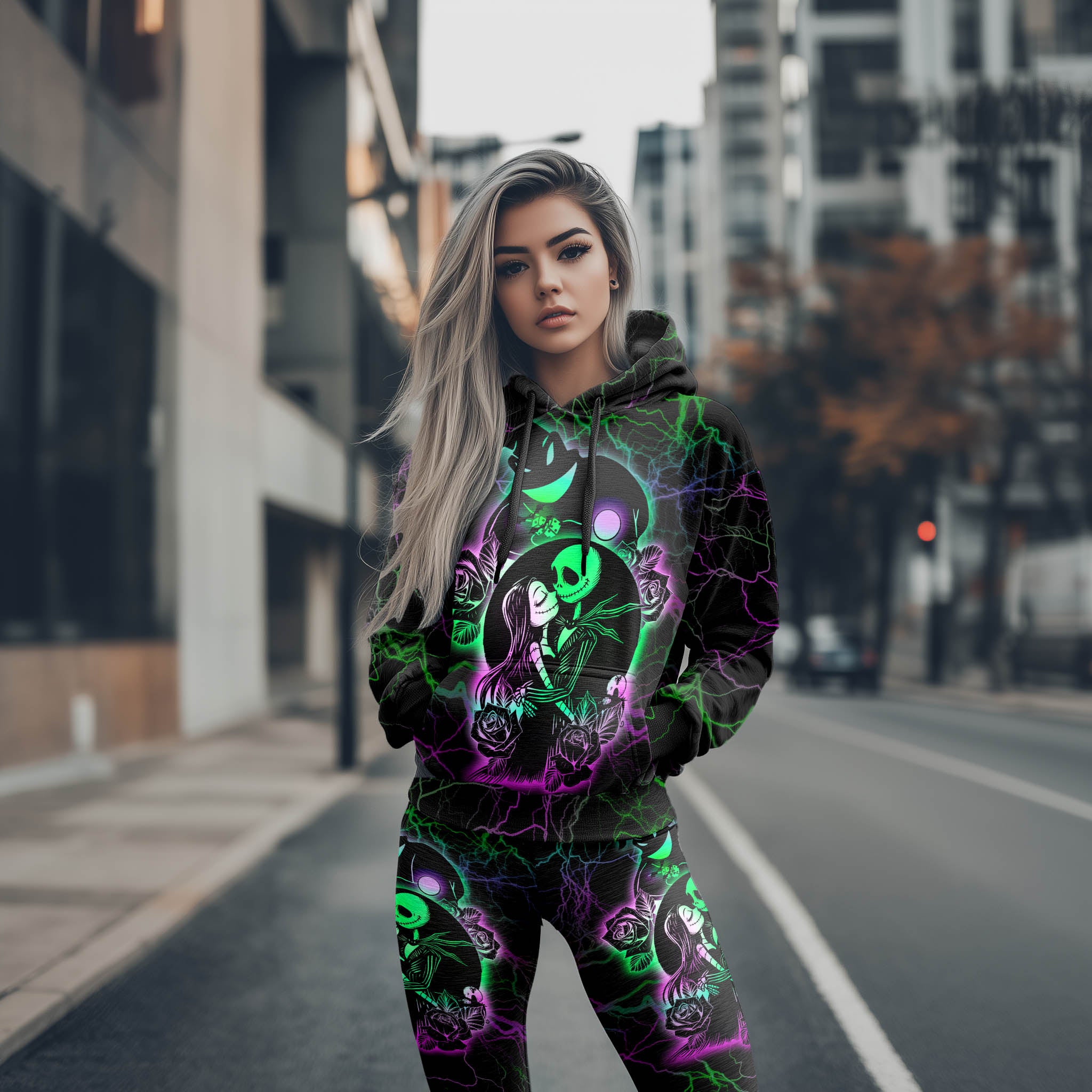 Women Hoodie and Leggings, Green Rose Art Outwear Pants Outfit